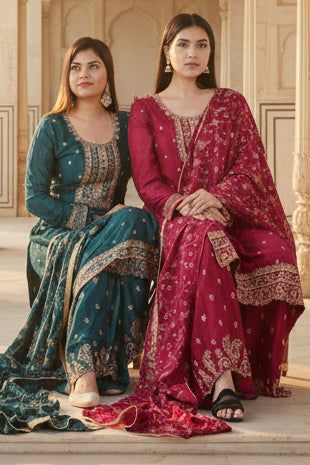 Soft Chinnon Silk Sharara: Elegant and Comfortable Ensemble KURTI JCS Fashions