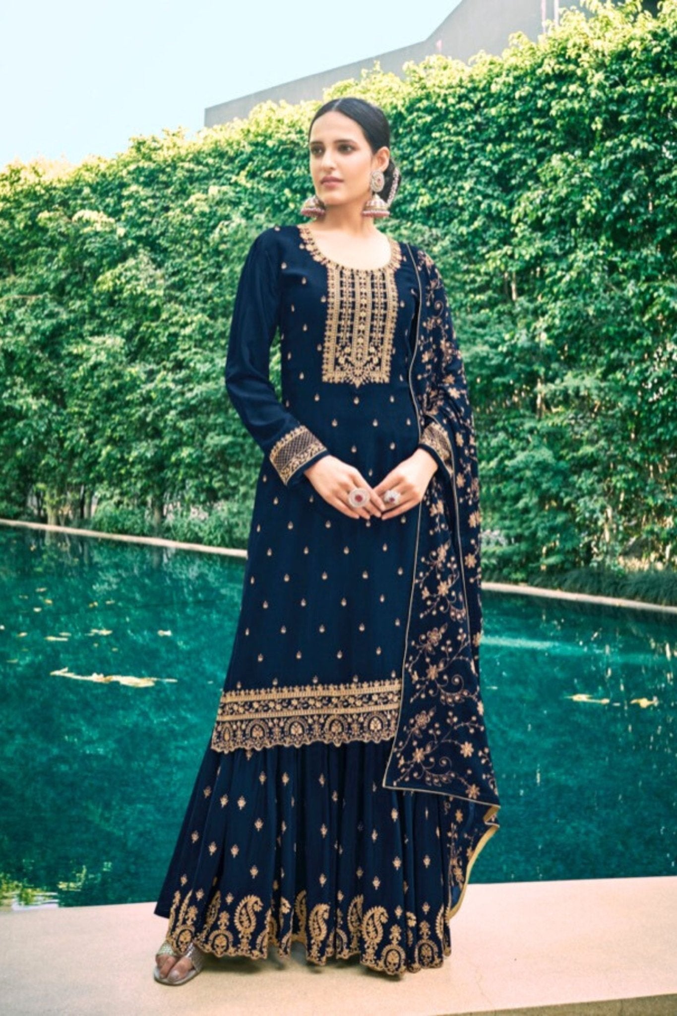 Soft Chinnon Silk Sharara - Perfect for Special Occasions KURTI JCS Fashions Navy Blue Large (40)