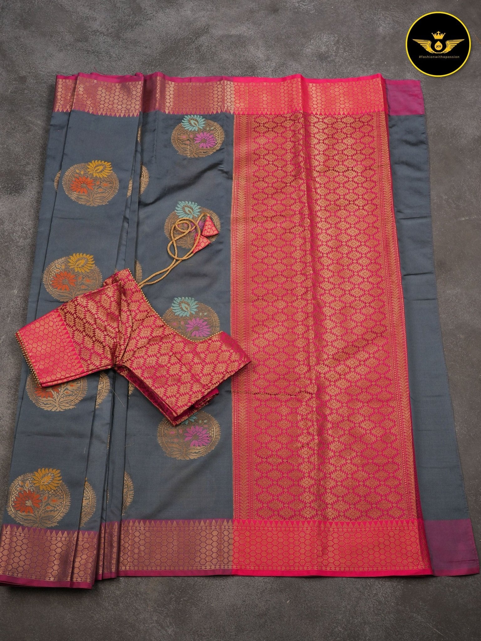 Soft Semi Silk Saree With Fully Stitched Jacquard Blouse SAREE JCS Fashions grey 5.5 meters