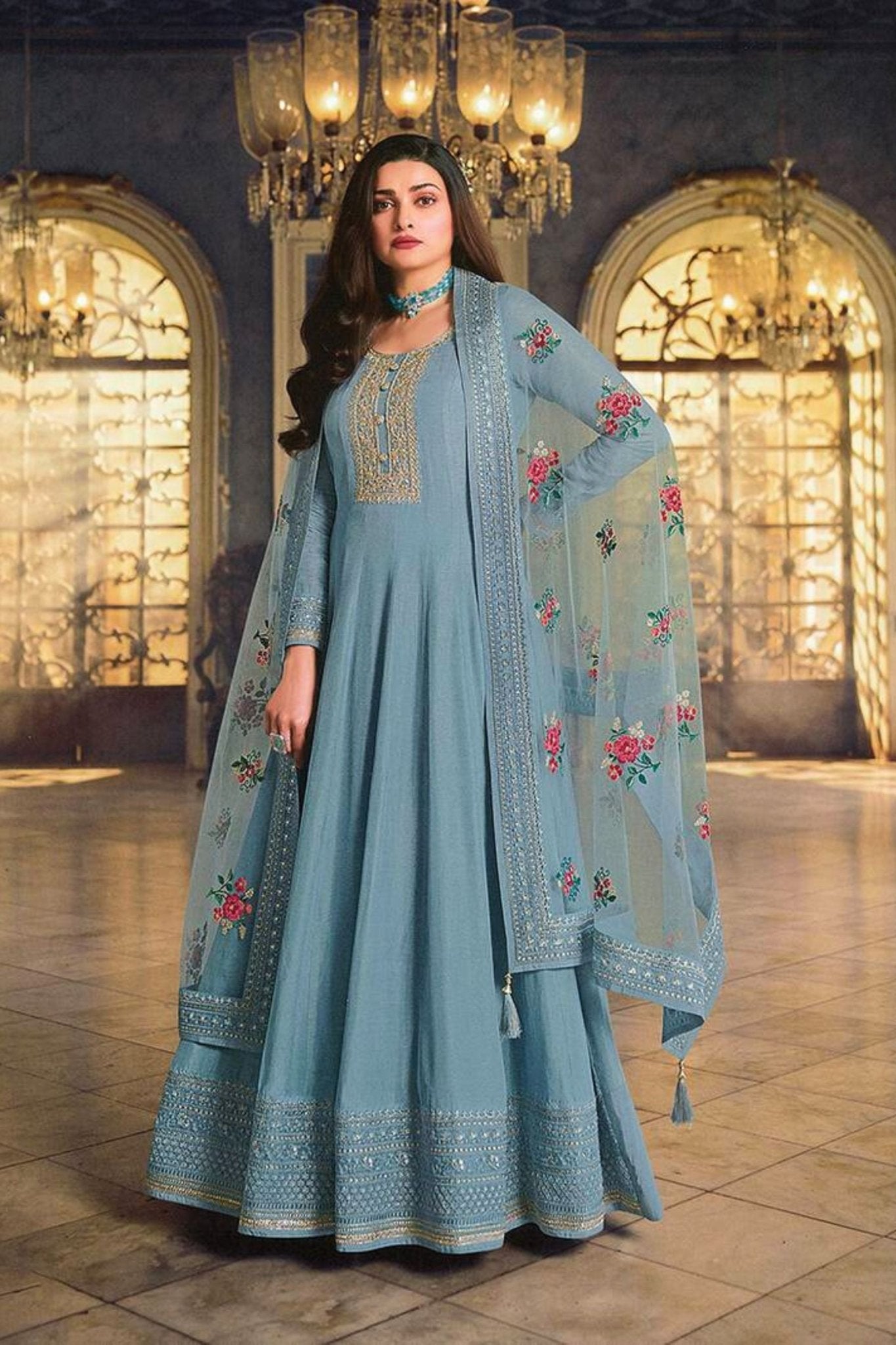 Embroidered Dola Silk A-Line Gown Set with Santoon Bottom & Net Dupatta KURTI JCS Fashions Bluish Grey Small (36)