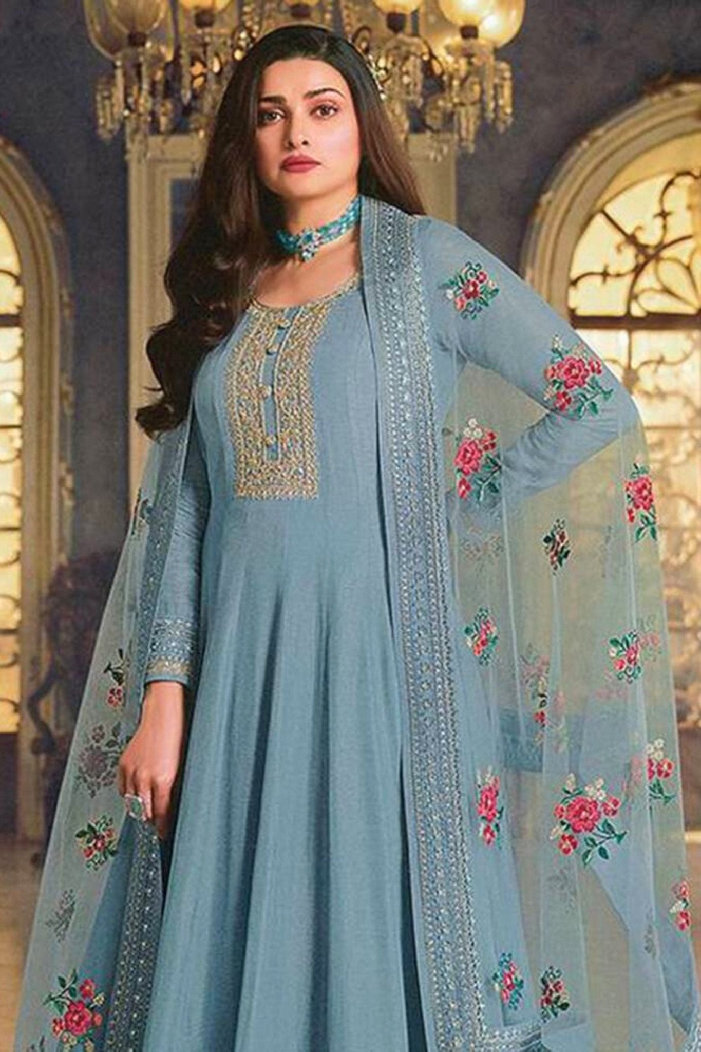 Embroidered Dola Silk A-Line Gown Set with Santoon Bottom & Net Dupatta KURTI JCS Fashions