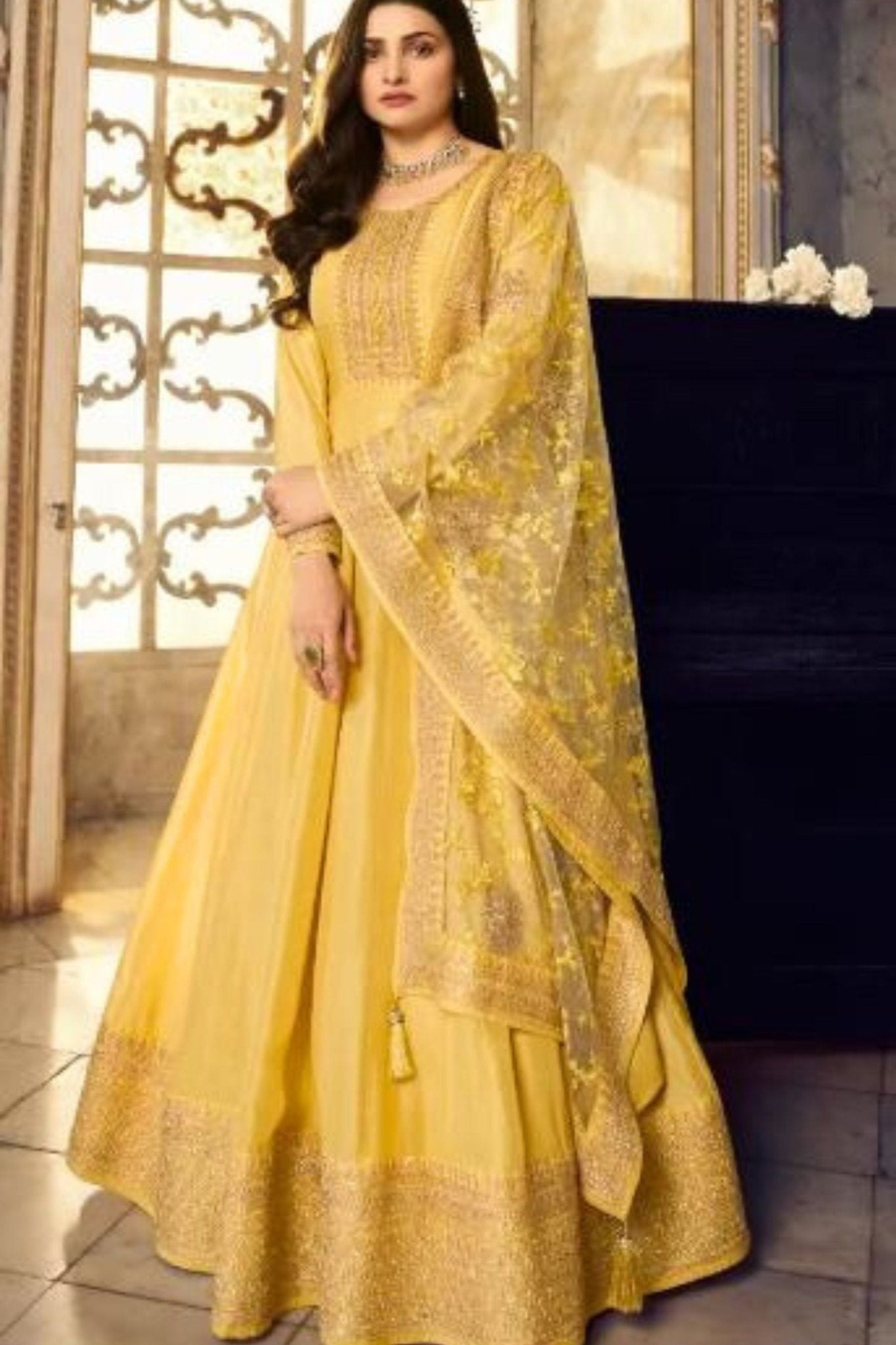 Chic Dola Silk Embroidered Gown Set with Net Dupatta KURTI JCS Fashions Yellow Small (36)