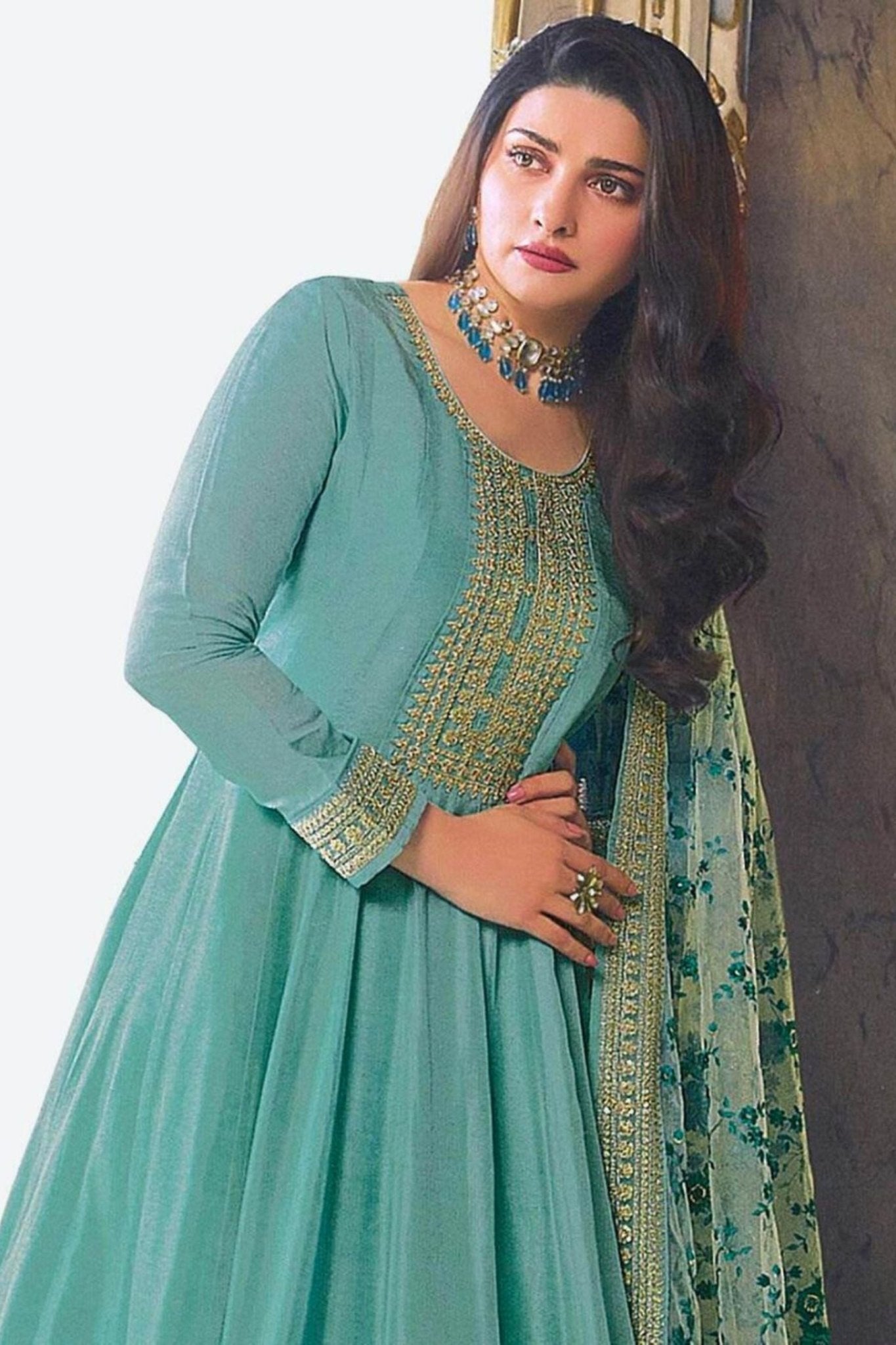 Elegant Dola Silk A-Line Gown Set with Embroidery & Net Dupatta KURTI JCS Fashions