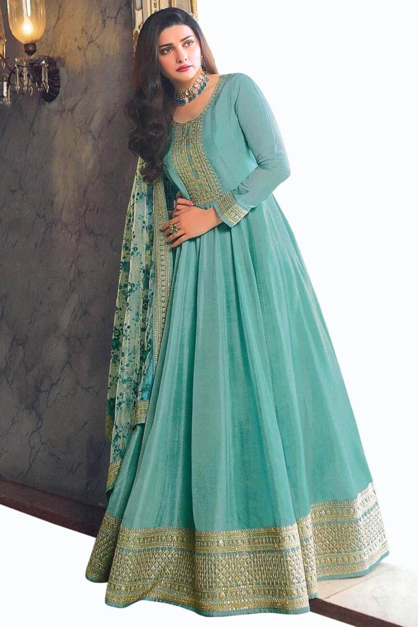 Elegant Dola Silk A-Line Gown Set with Embroidery & Net Dupatta KURTI JCS Fashions Green Small (36)