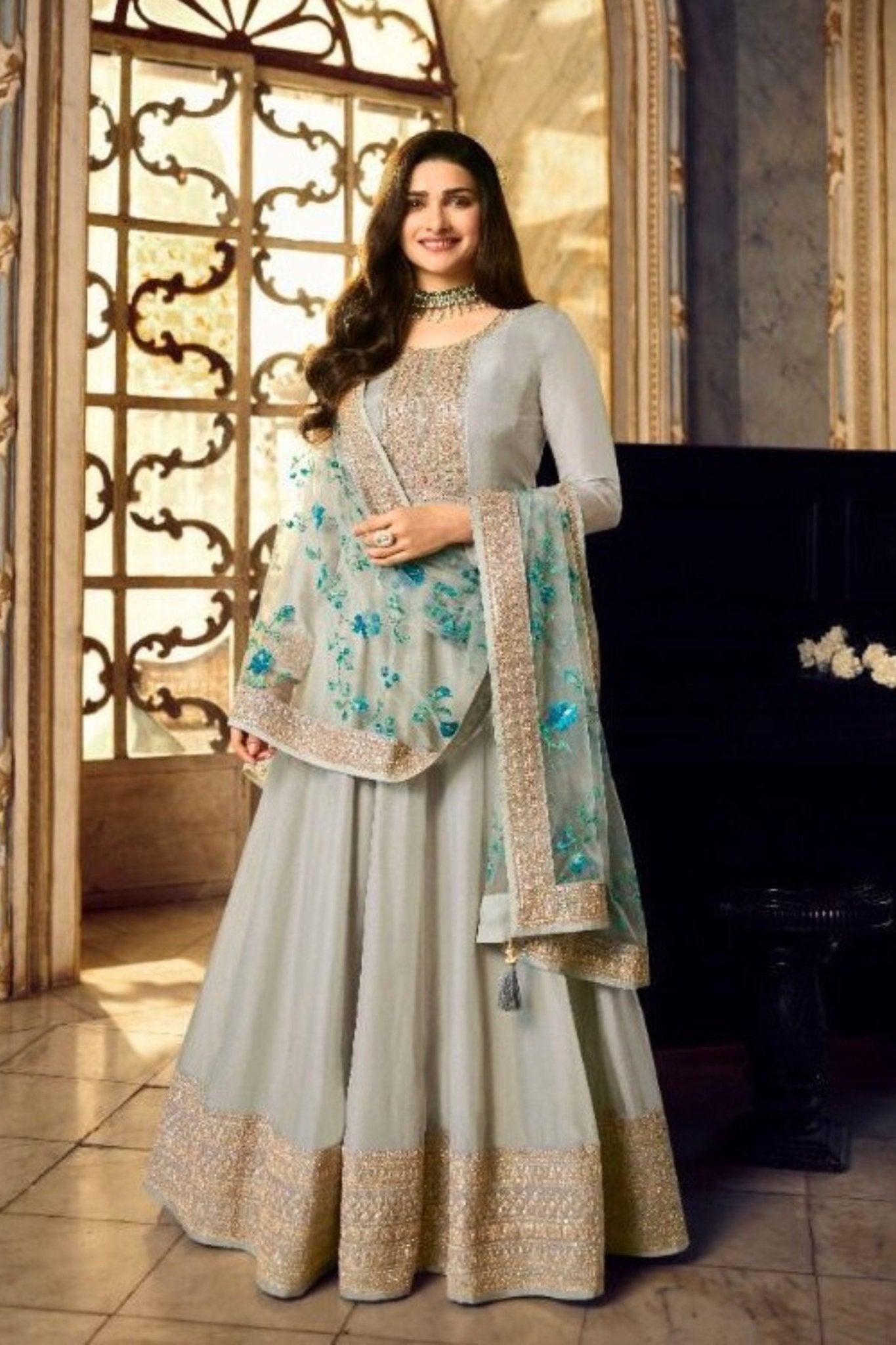 Stunning Dola Silk Floor Length Gown in Pale Grey KURTI JCS Fashions Grey Small (36)