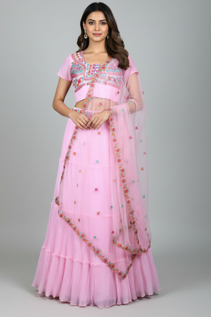 Pink Georgette Lehenga Choli with Embroidery