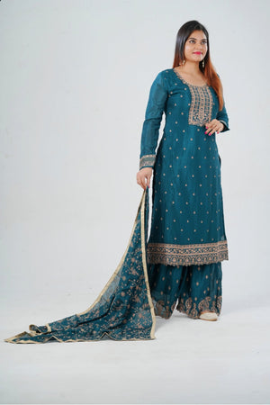 Green Soft Chinnon Silk Sharara - Handwork Embroidery