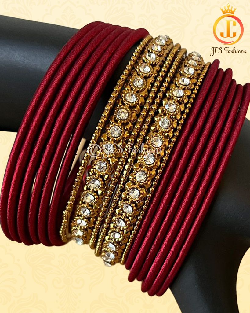 Stylish Silk Thread and Stone Bangles - Maroon - JCSFashions Jewelry JCS Fashions
