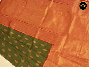Green Semi Silk Saree With Contrast Aari Work Blouse