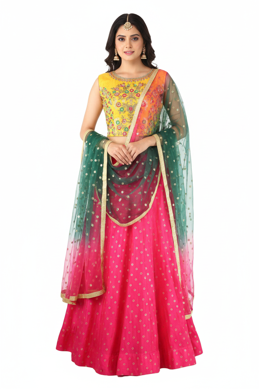 Yellow Weaving Zari Buttie Silk Lehenga With Dual