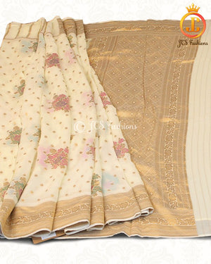 Cream Women's Banarasi Georgette Saree With Blouse