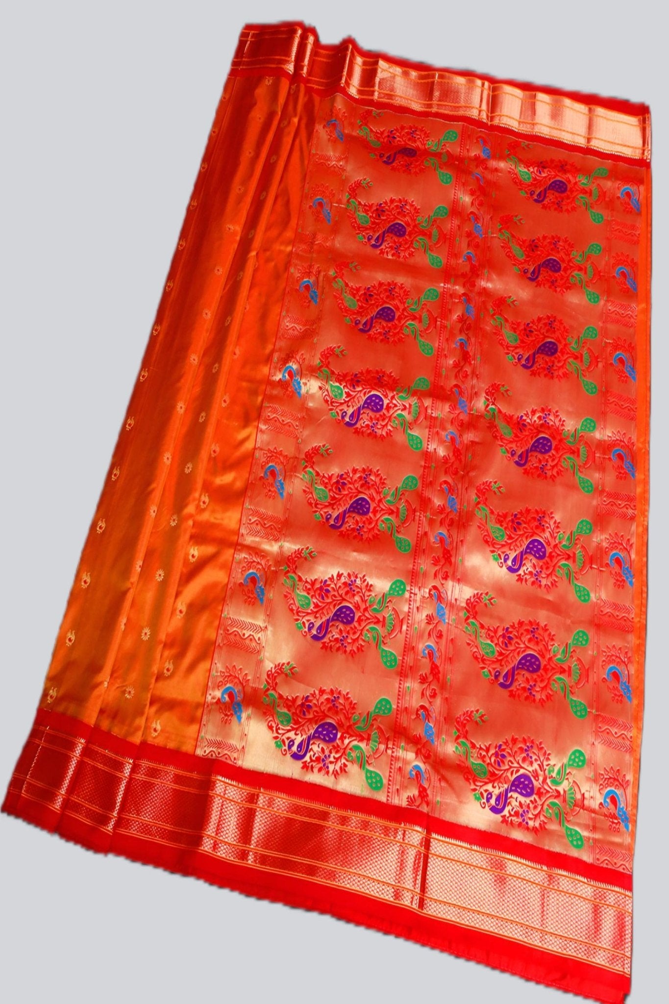 Yeola Paithani Silk Saree, Orange and Red, Fully stitched blouse SAREE JCS Fashions