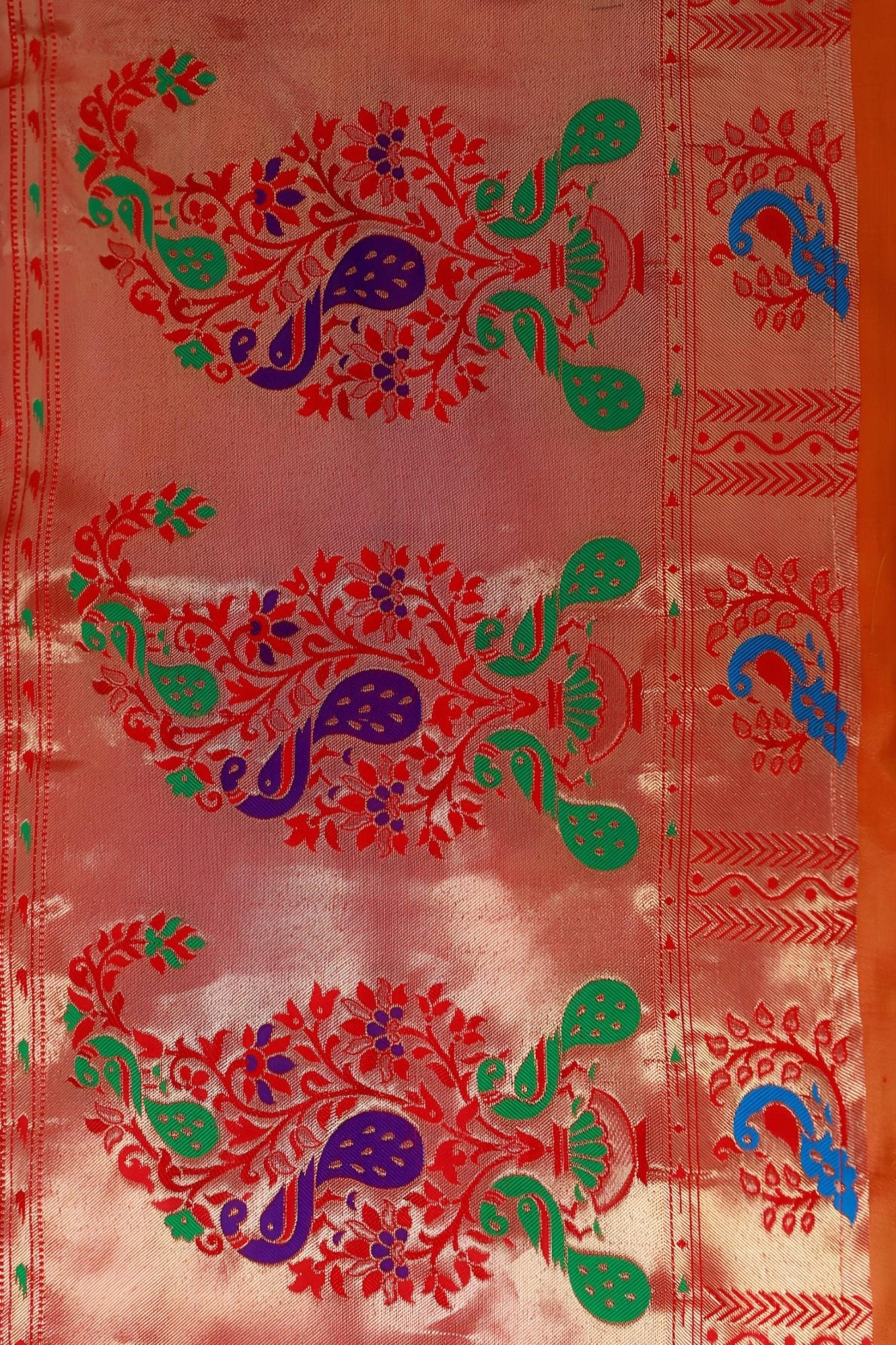 Yeola Paithani Silk Saree, Orange and Red, Fully stitched blouse SAREE JCS Fashions