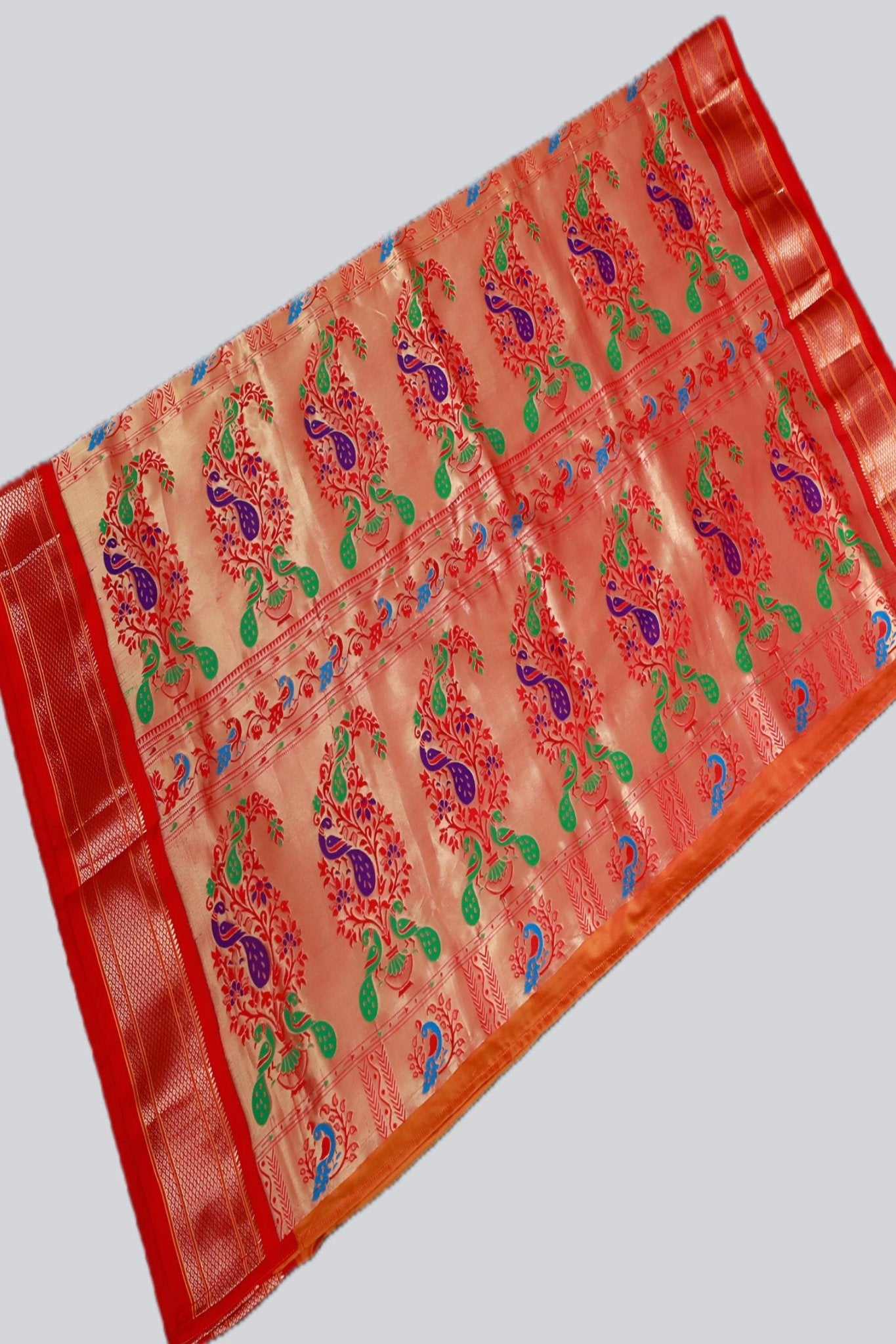 Yeola Paithani Silk Saree, Orange and Red, Fully stitched blouse SAREE JCS Fashions