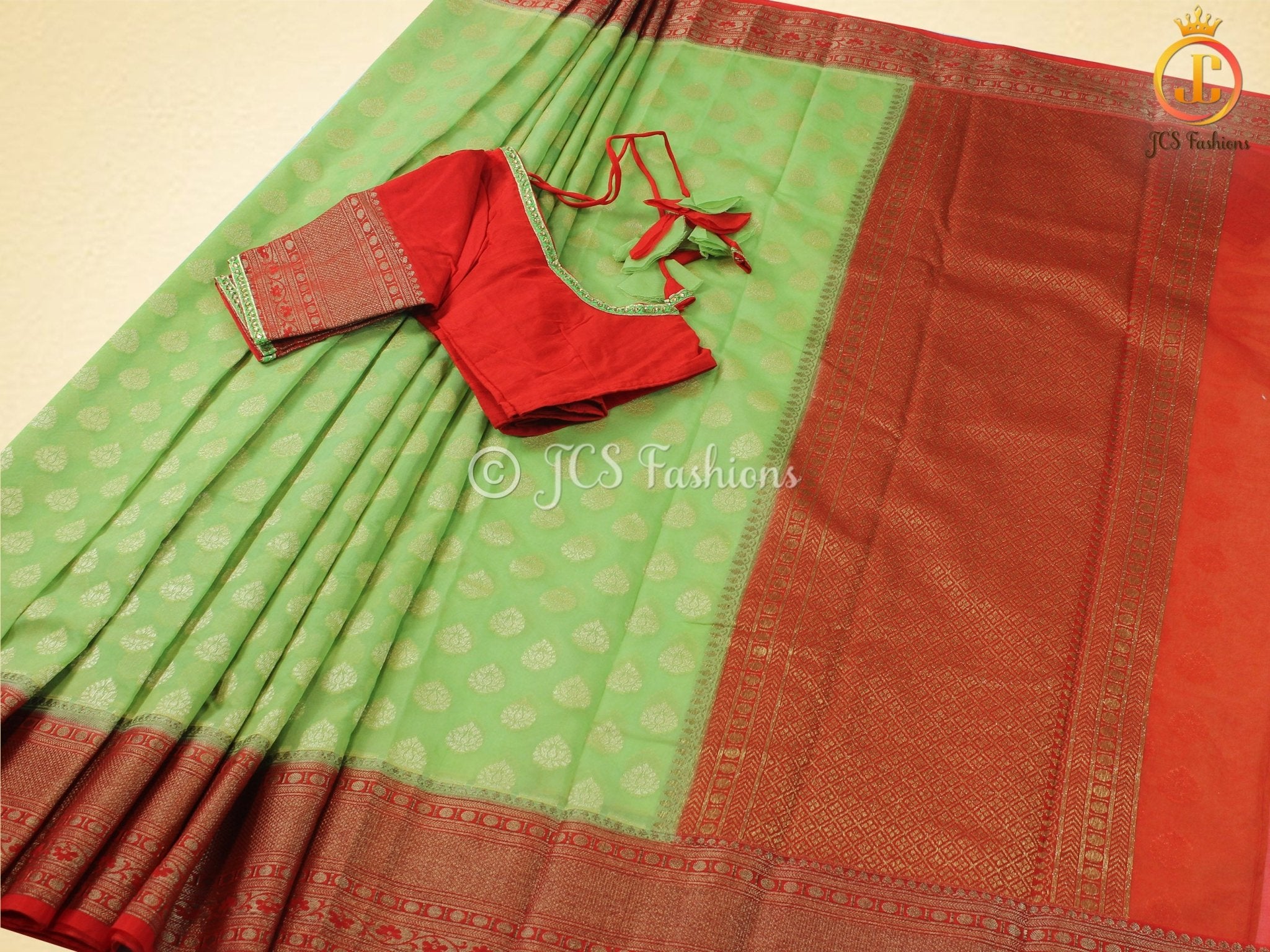Banarasi Silk Saree and Stitched Blouse SAREE JCS Fashions Green + Red 5.5 meters