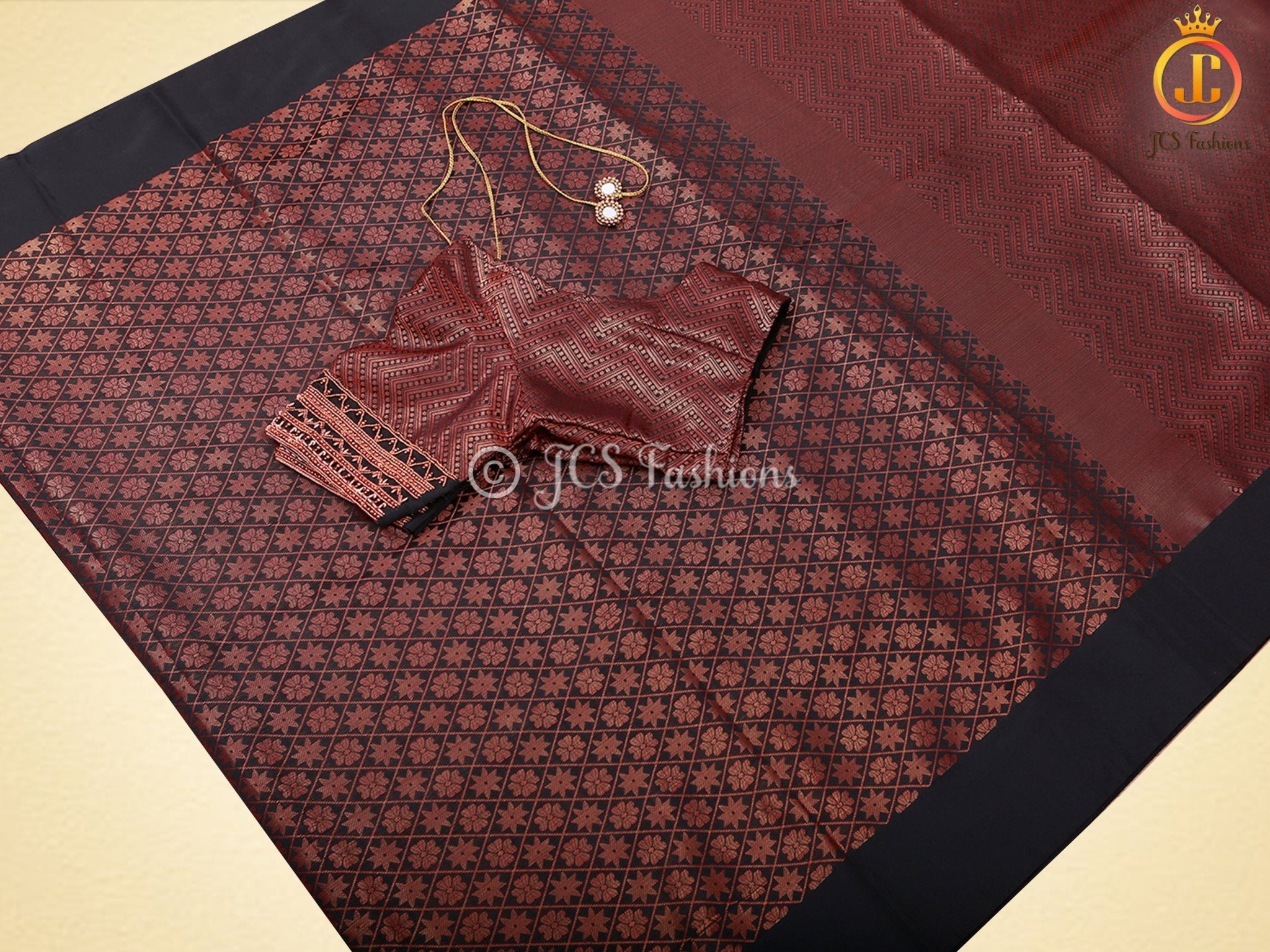 Black Copper Zari Soft Silk Saree With fully stitched Blouse SAREE JCS Fashions Green 5.5 meters