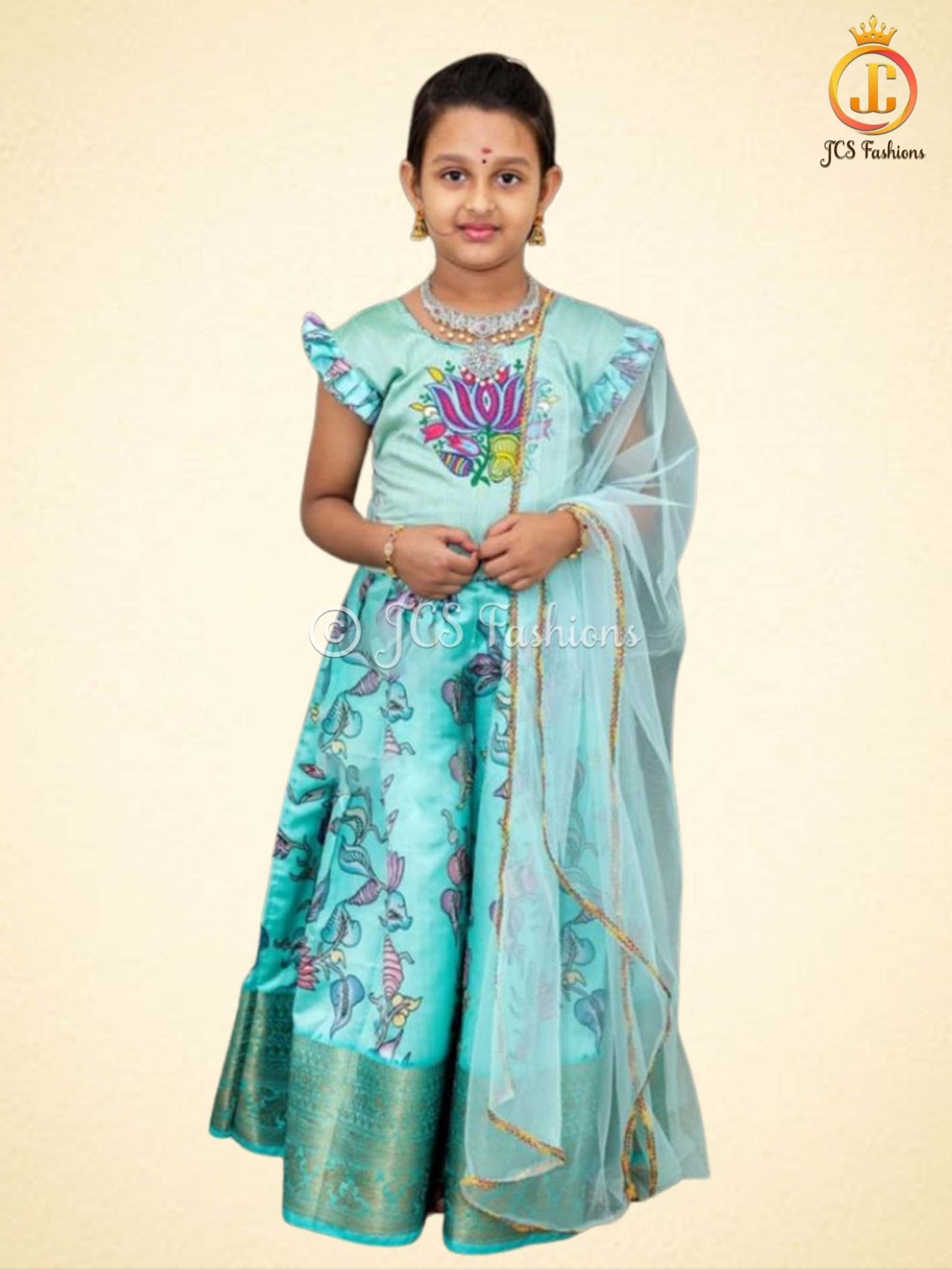 Blue Kalamkari Print Lehenga with Croptop for Kids/Girls Lehenga JCS Fashions