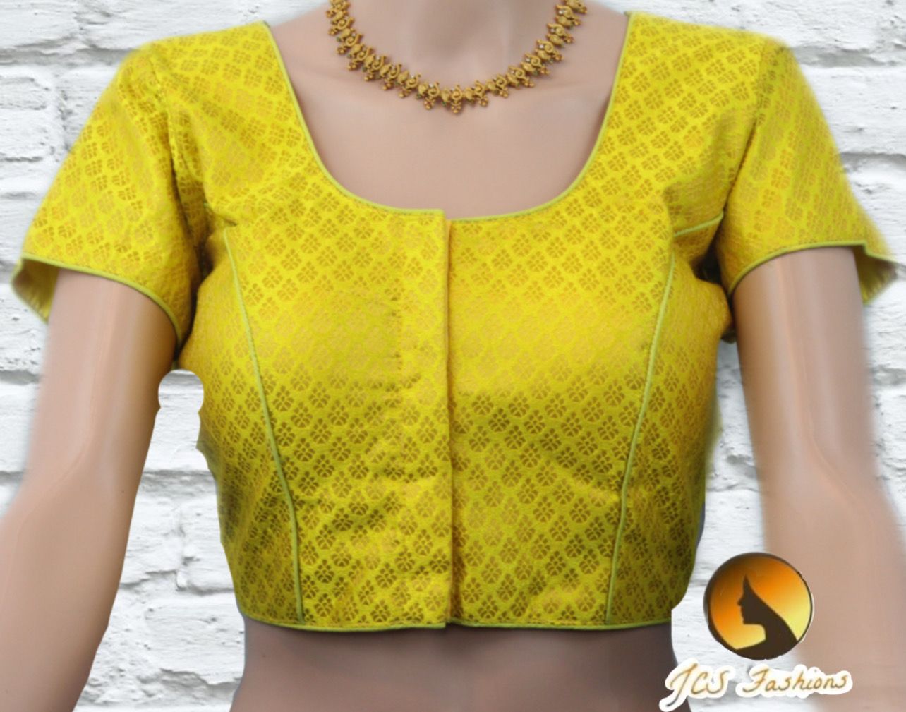 Brocade Silk Blouse: Short Sleeve, Front Open and Padded Blouse JCS Fashions Yellow 38