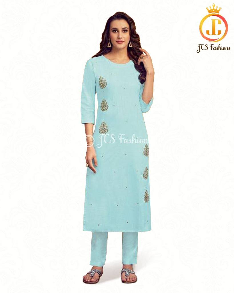 Cotton Kurti With beautiful hand embroidery in Pastel Blue Kurti JCS Fashions