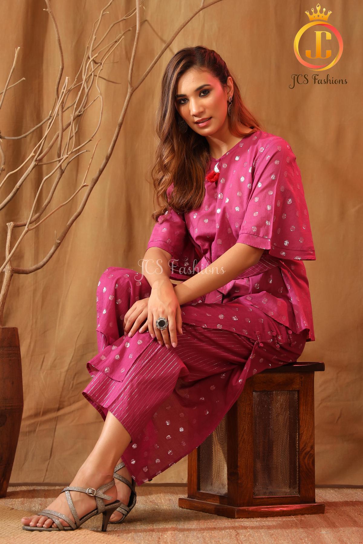 Cotton lurex bell sleeves top with all-over silver circle Sustainable JCS Fashions