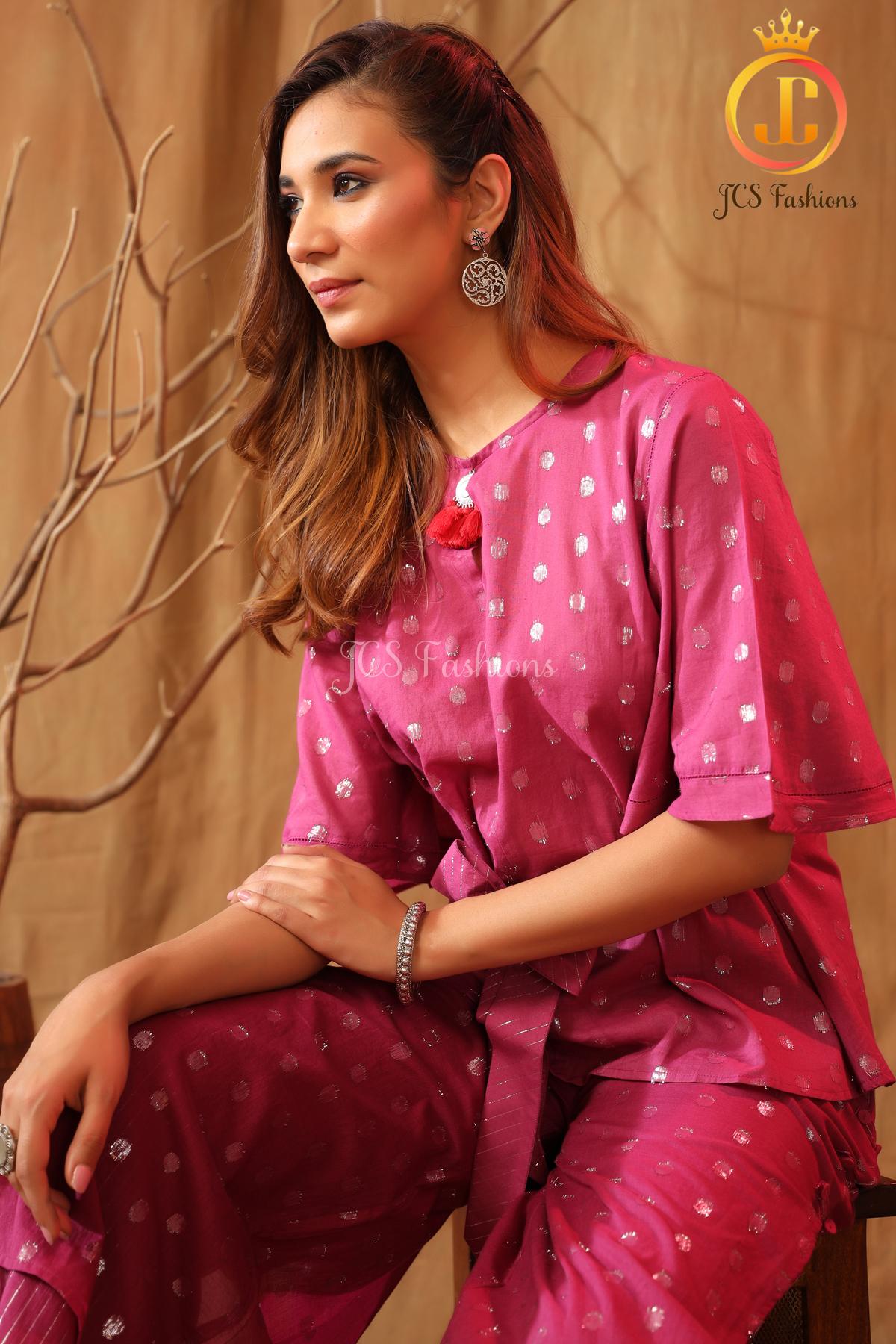 Cotton lurex bell sleeves top with all-over silver circle Sustainable JCS Fashions