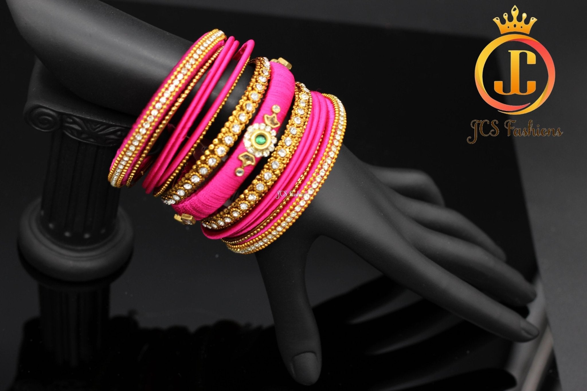 Designer Silk Bangles: Kundan and Stone - Set of 15 - JCSFashions Jewelry JCS Fashions
