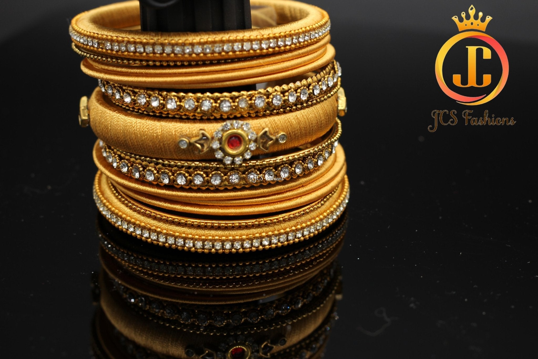 Designer Silk Bangles: Kundan and Stone Work - Set of 15 - JCSFashions Jewelry JCS Fashions Gold 2.80