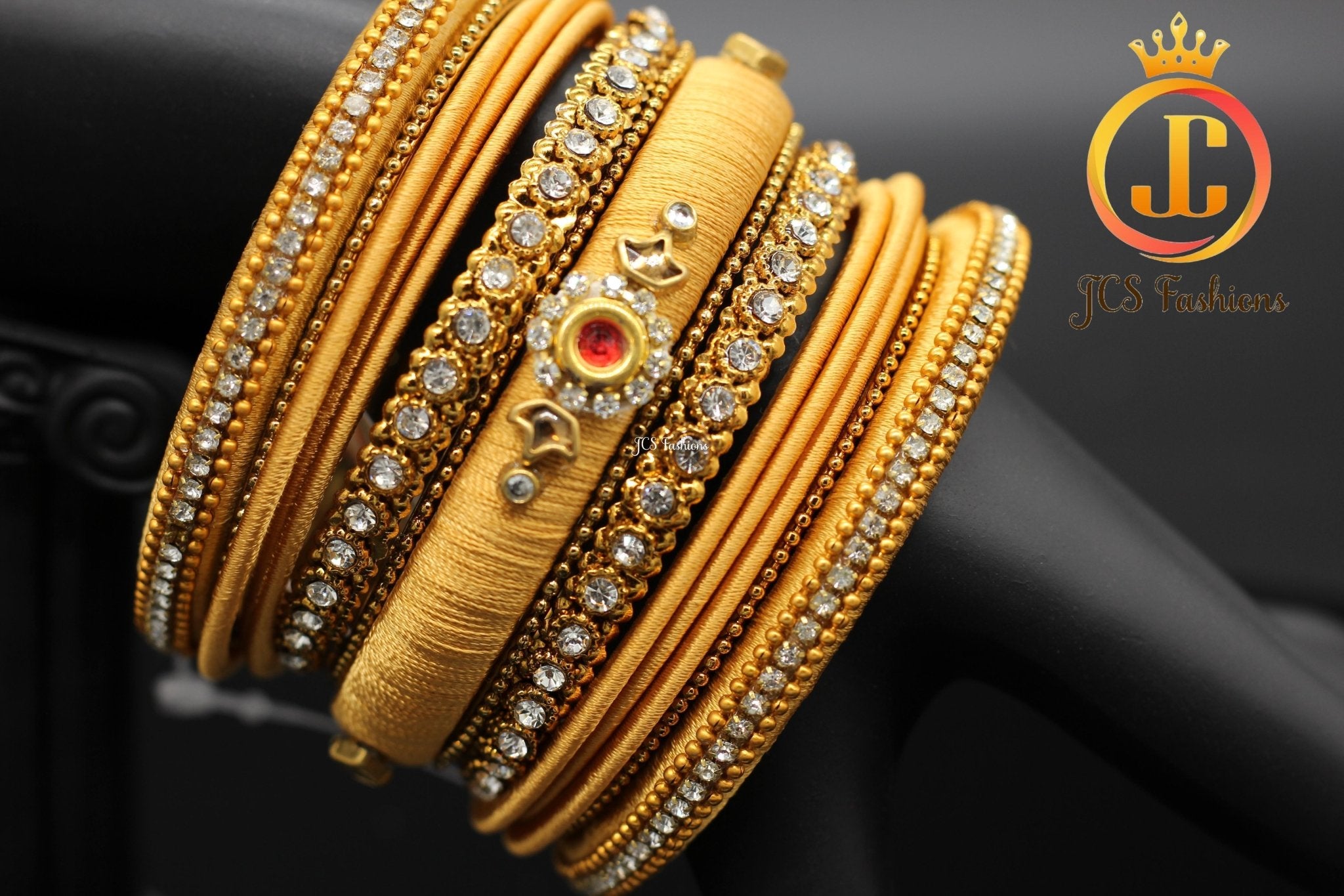 Designer Silk Bangles: Kundan and Stone Work - Set of 15 - JCSFashions Jewelry JCS Fashions