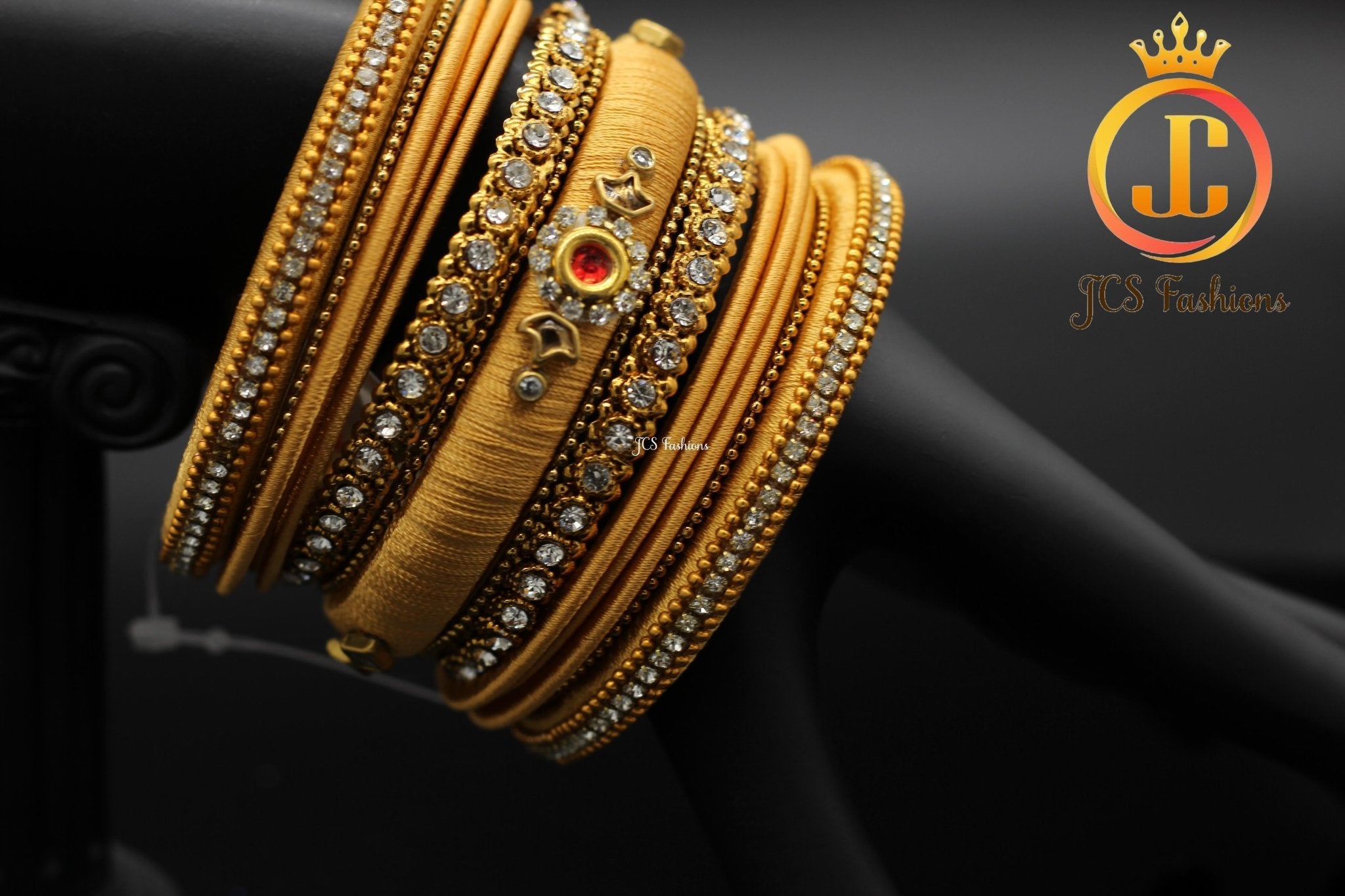 Designer Silk Bangles: Kundan and Stone Work - Set of 15 - JCSFashions Jewelry JCS Fashions