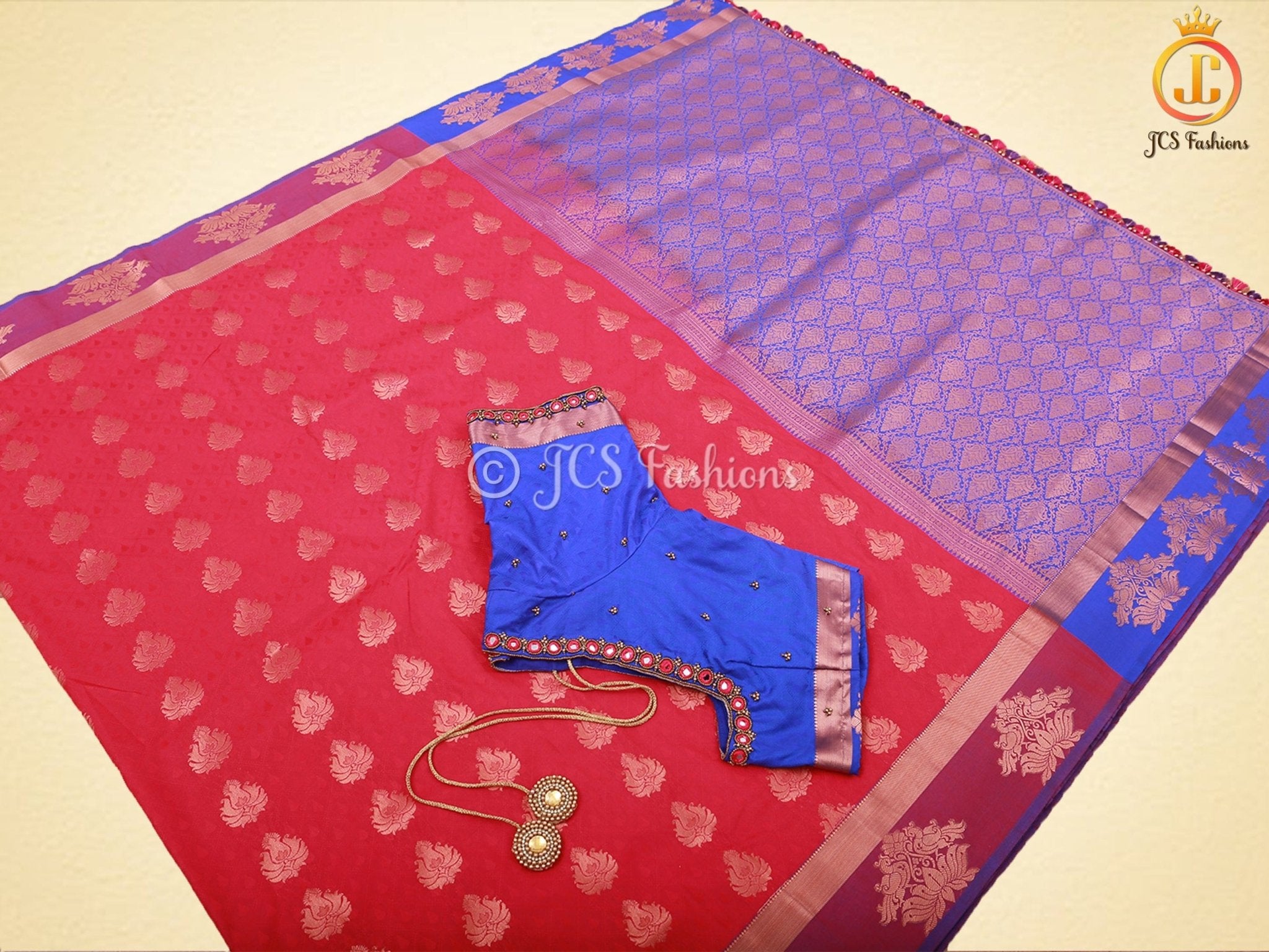 Dual-Shade Kanchipuram Blended Embossed Silk Saree With Blouse SAREE JCS Fashions Pink 5.5 meters