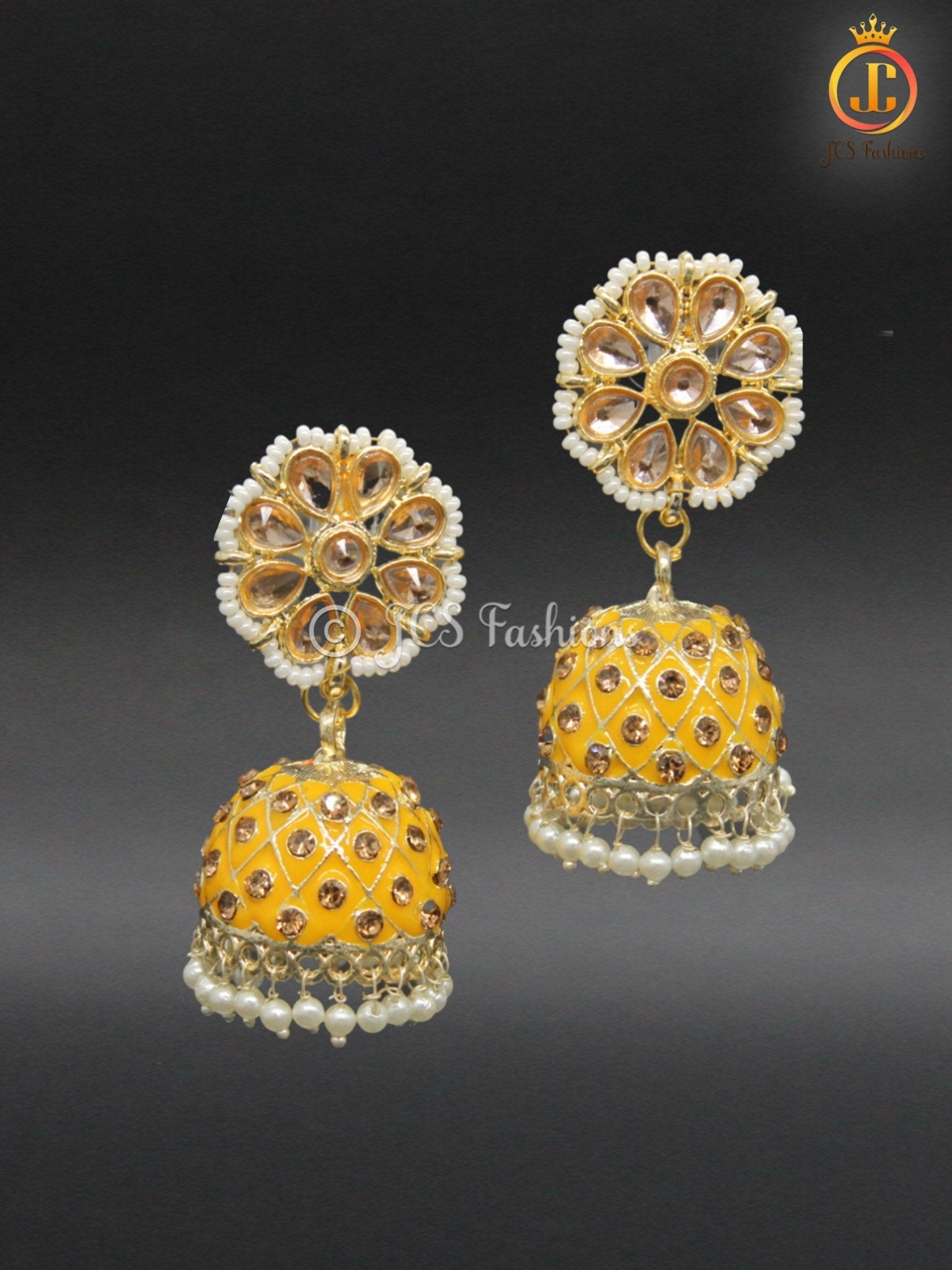 Elegant Kundan Jhumka Earrings With stones and imitation pearls. Jewelry JCS Fashions Yellow