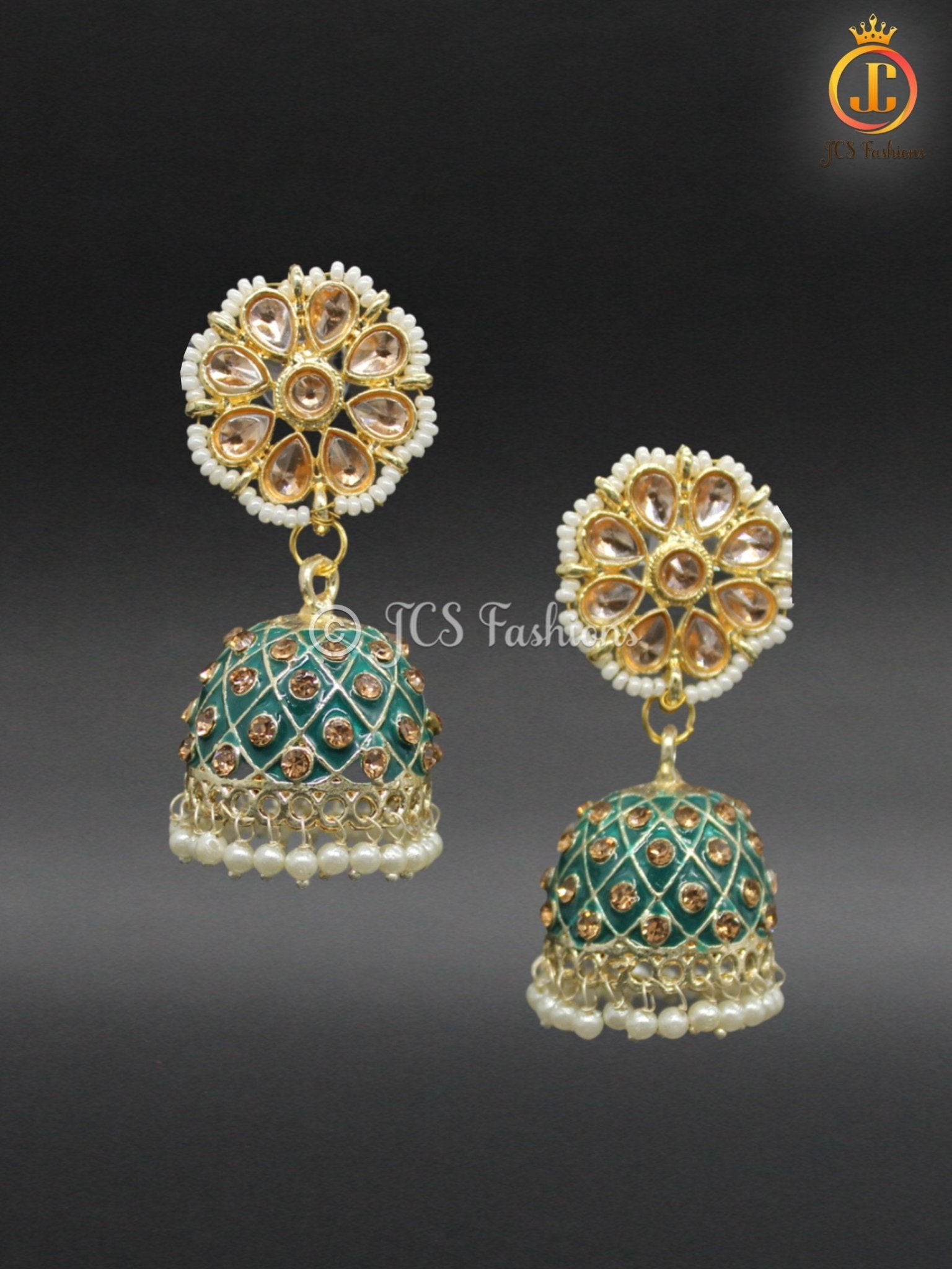 Elegant Kundan Jhumka Earrings With stones and imitation pearls. Jewelry JCS Fashions Bottle green