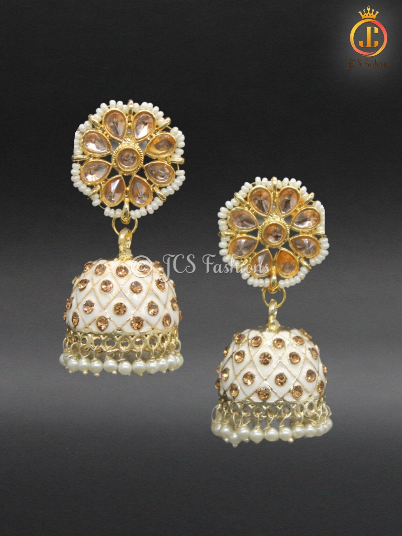 Elegant Kundan Jhumka Earrings With stones and imitation pearls. Jewelry JCS Fashions White
