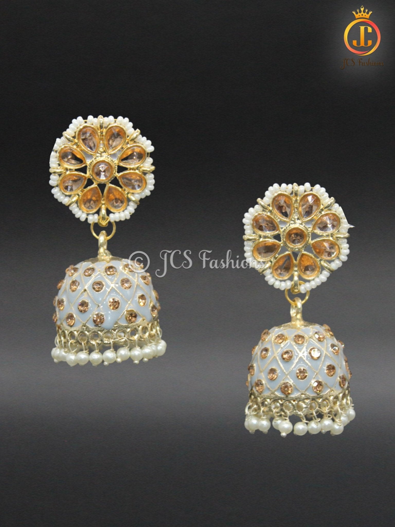 Elegant Kundan Jhumka Earrings With stones and imitation pearls. Jewelry JCS Fashions Grey