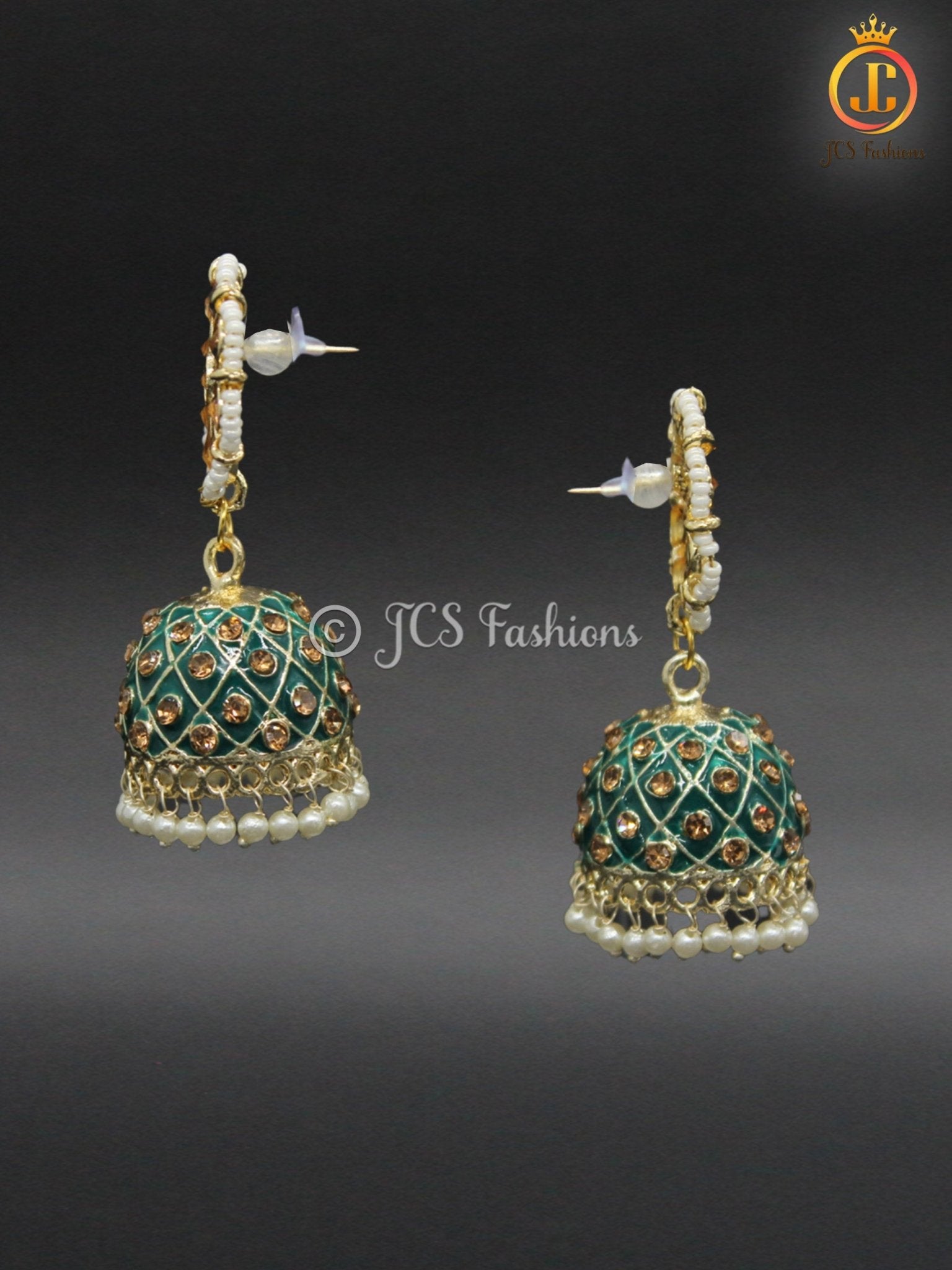 Elegant Kundan Jhumka Earrings With stones and imitation pearls. Jewelry JCS Fashions