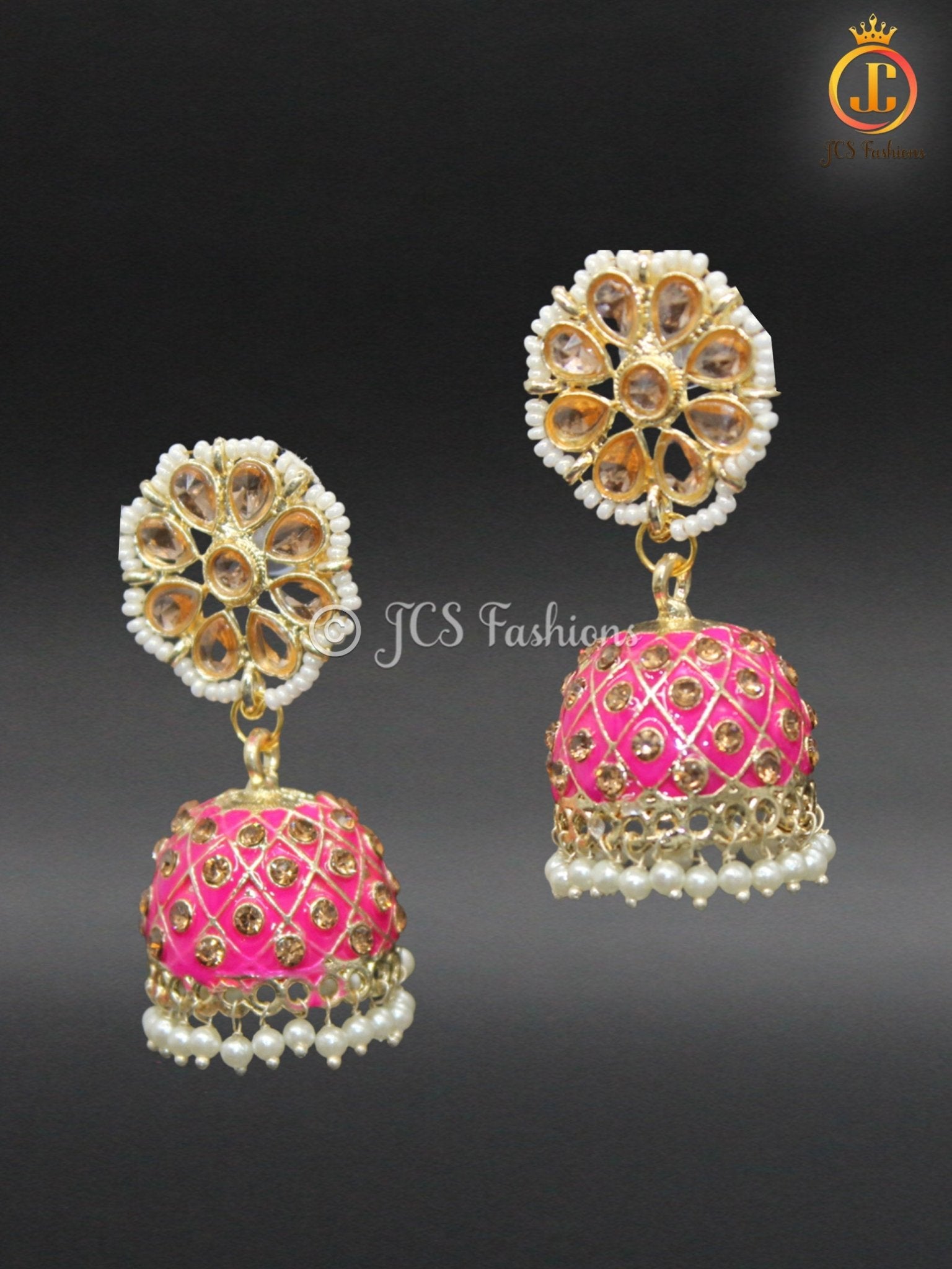 Elegant Kundan Jhumka Earrings With stones and imitation pearls. Jewelry JCS Fashions Rani Pink