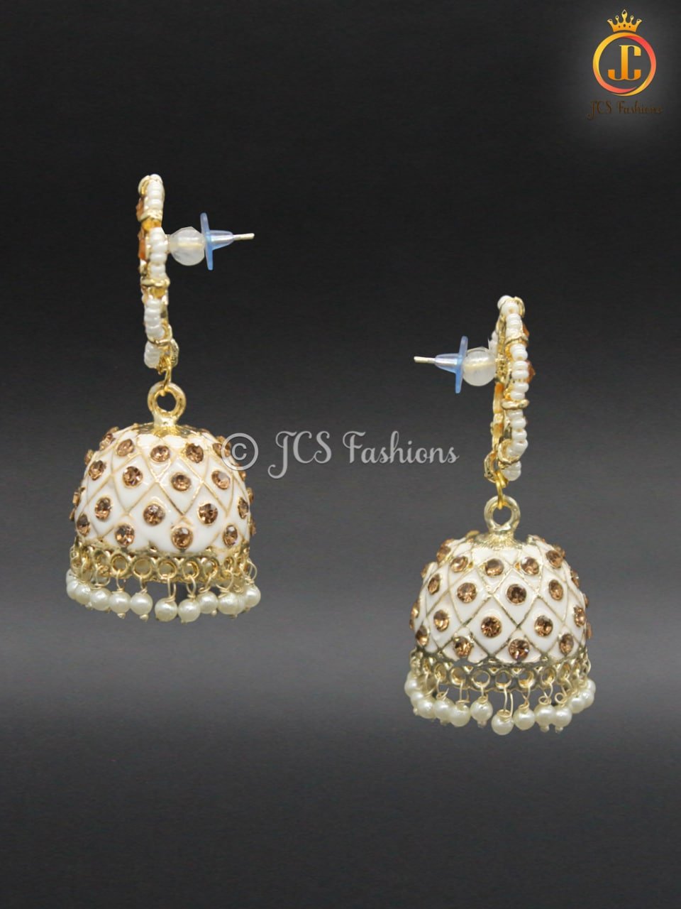Elegant Kundan Jhumka Earrings With stones and imitation pearls. Jewelry JCS Fashions