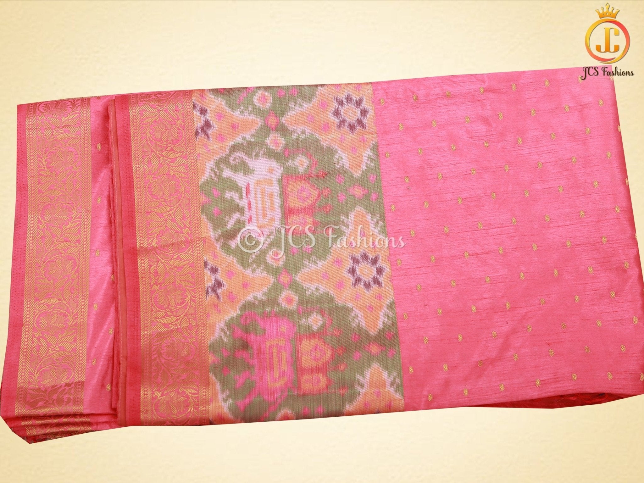 Golden Zari & Pochampally Ikkat Border Semi Silk Saree With Blouse SAREE JCS Fashions