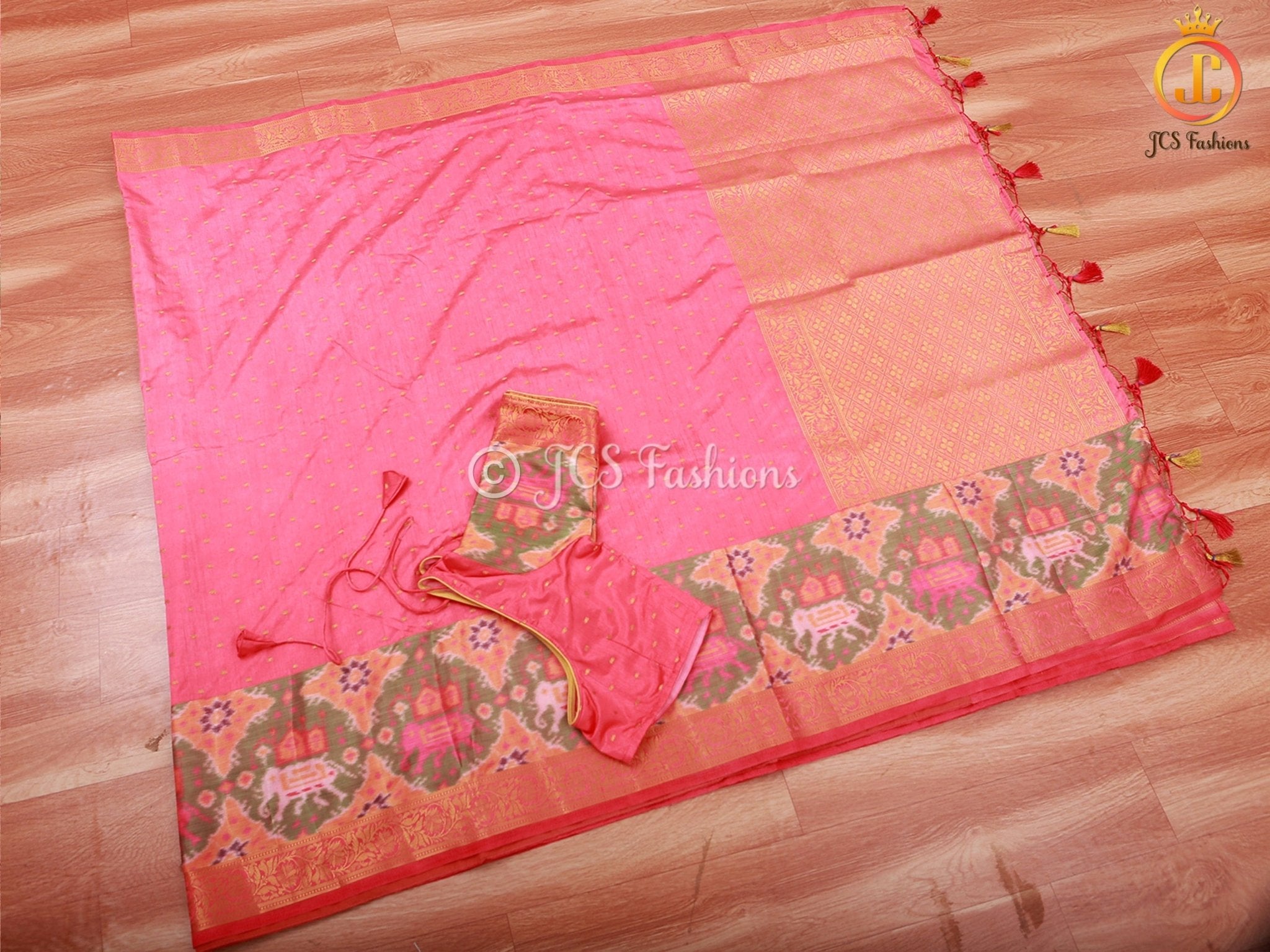 Golden Zari & Pochampally Ikkat Border Semi Silk Saree With Blouse SAREE JCS Fashions Peach 5.5 meters
