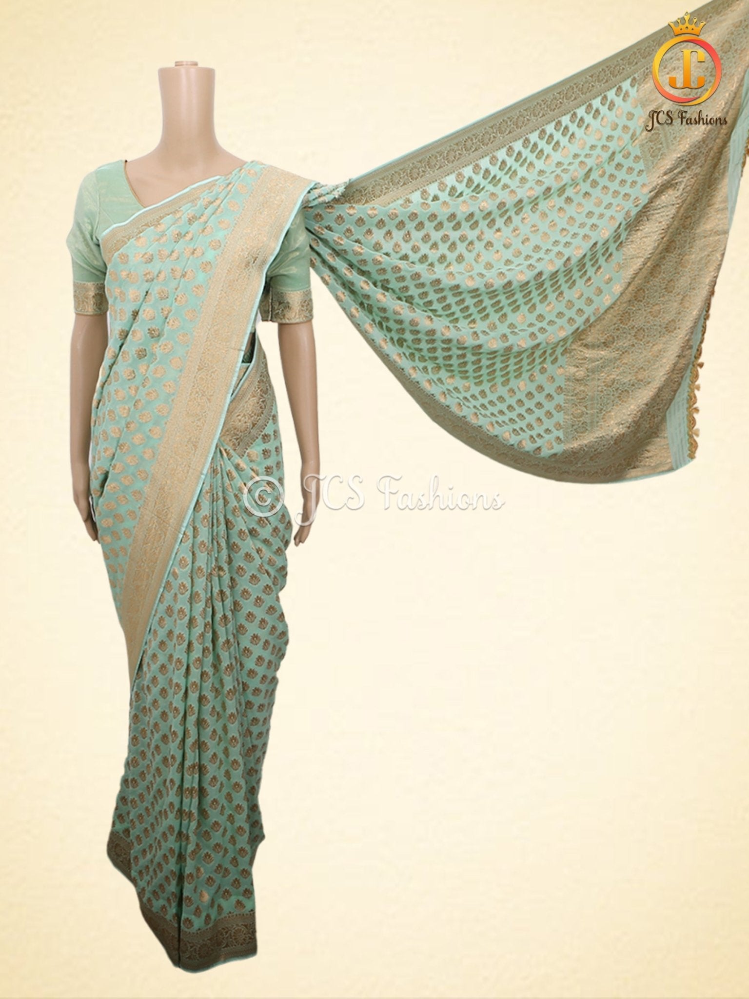 Green Gold Zari Weaving Khaddi Banarasi Georgette Saree With Blouse SAREE JCS Fashions