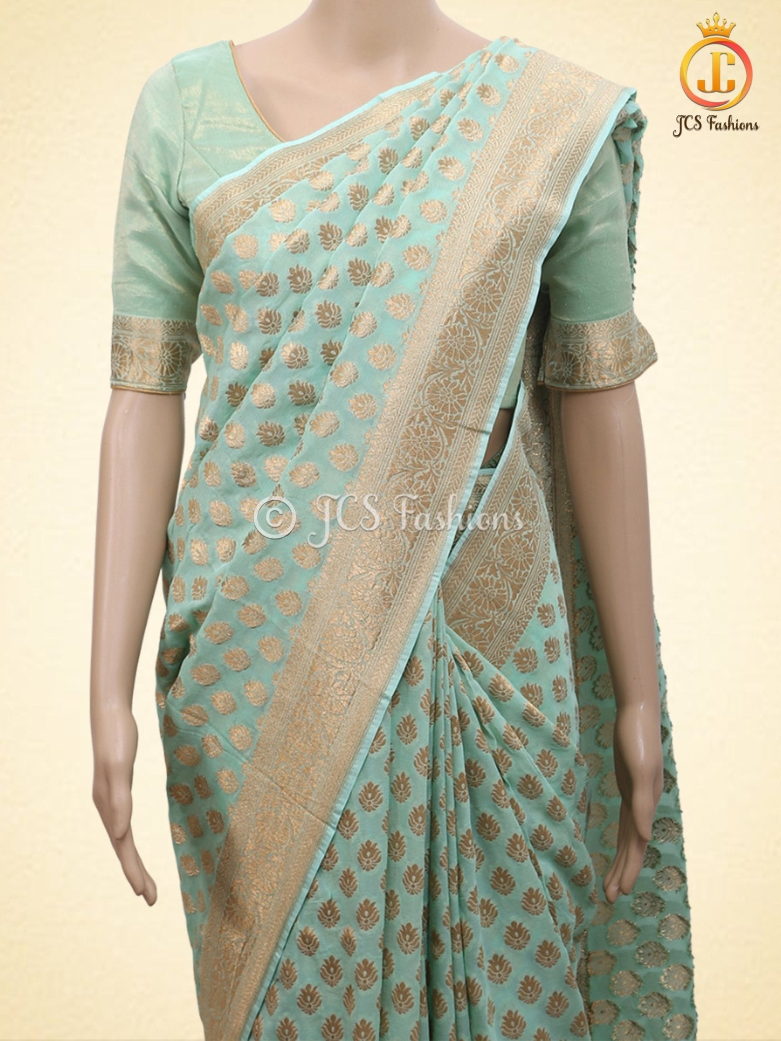 Green Gold Zari Weaving Khaddi Banarasi Georgette Saree With Blouse SAREE JCS Fashions