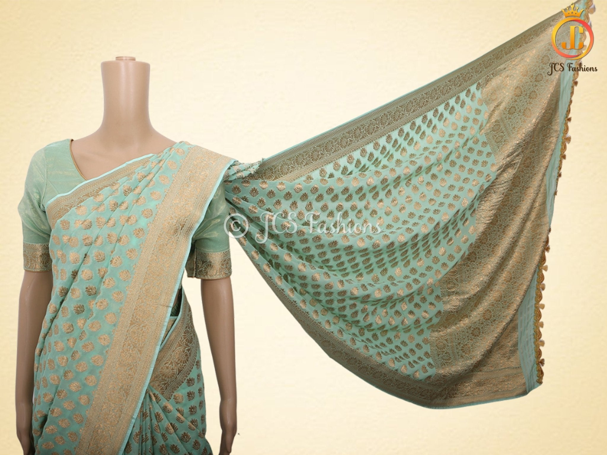 Green Gold Zari Weaving Khaddi Banarasi Georgette Saree With Blouse SAREE JCS Fashions