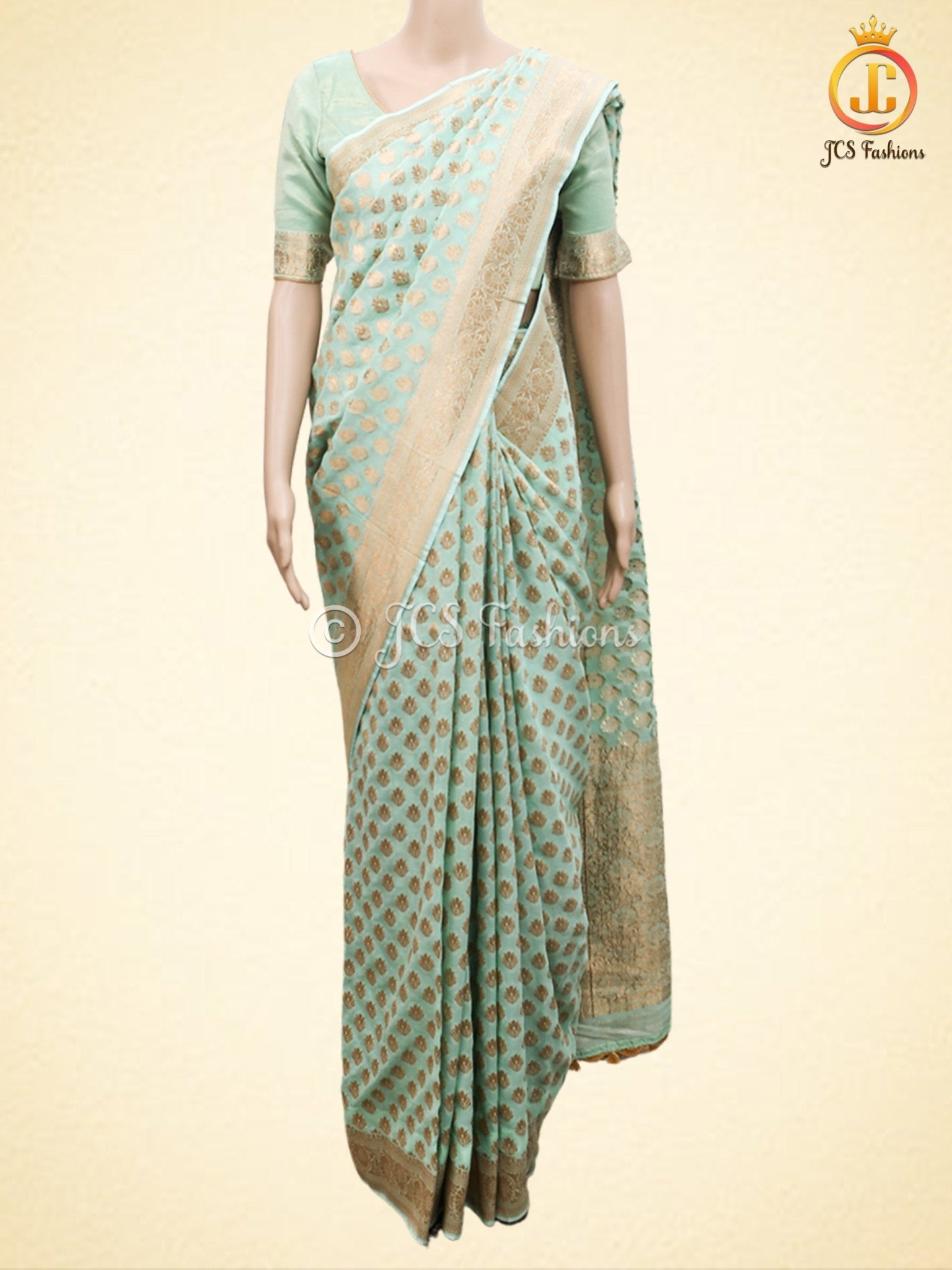 Green Gold Zari Weaving Khaddi Banarasi Georgette Saree With Blouse SAREE JCS Fashions Green 5.5 meters