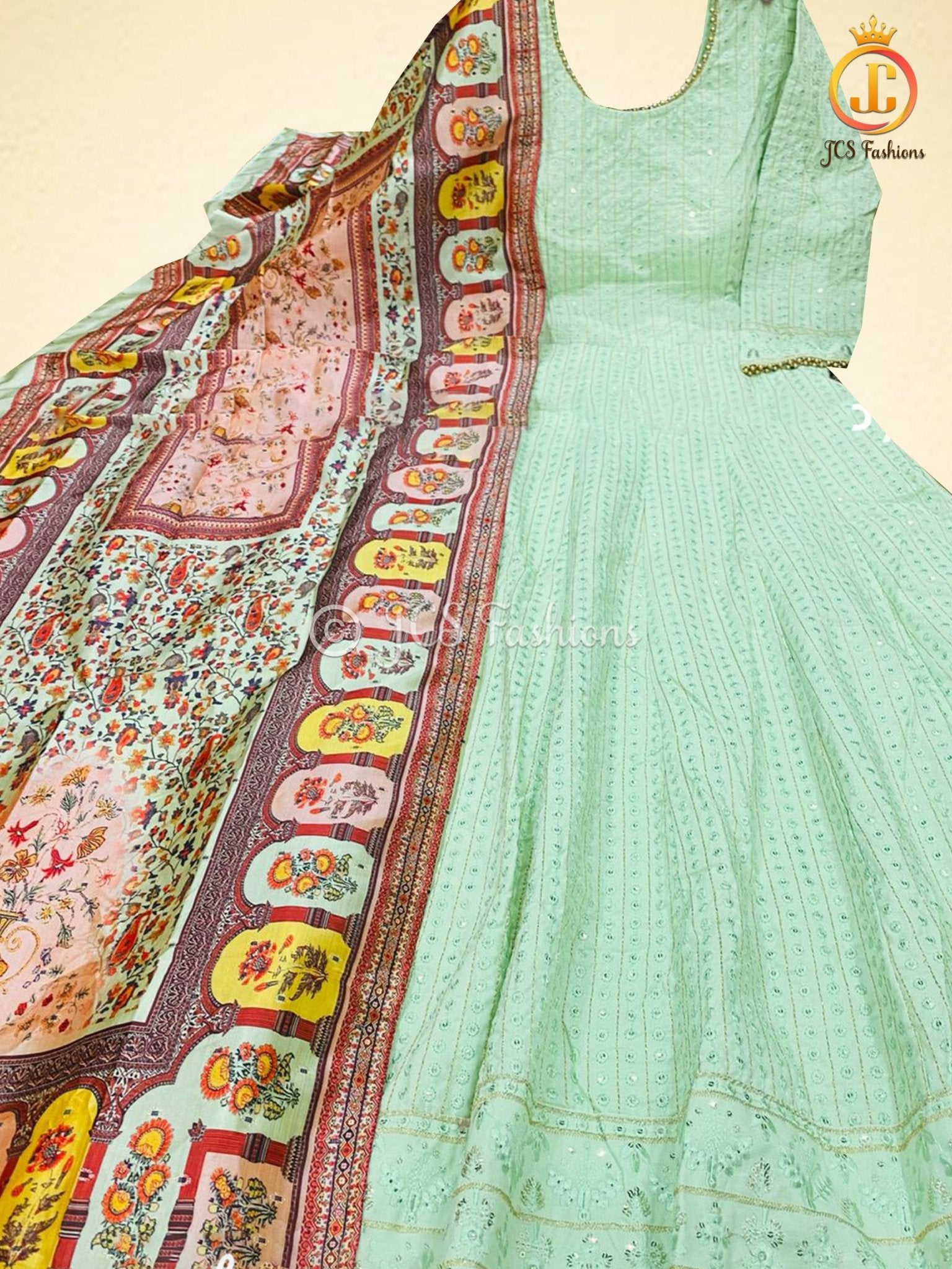 Heavy Sequins Work Anarkali Gown With Digital Print Dupatta KURTI JCS Fashions Pista Green Large (40)