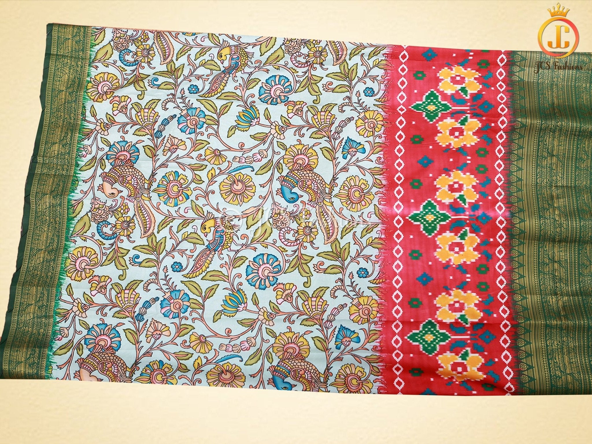 Kalamkari and Patola Print Soft Silk Saree With Kanchi Border SAREE JCS Fashions