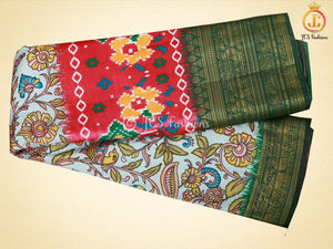 Kalamkari and Patola Print Soft Silk Saree With Kanchi Border