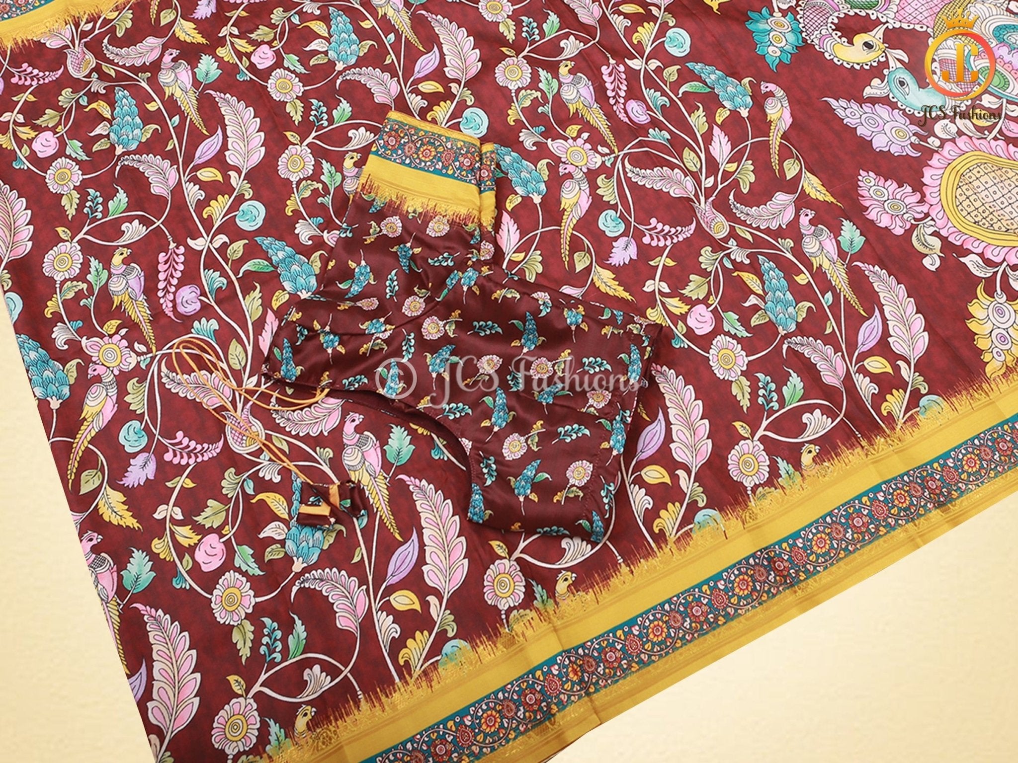 Kalamkari Design Saree With Blouse, Brown Color Saree with Floral designs SAREE JCS Fashions