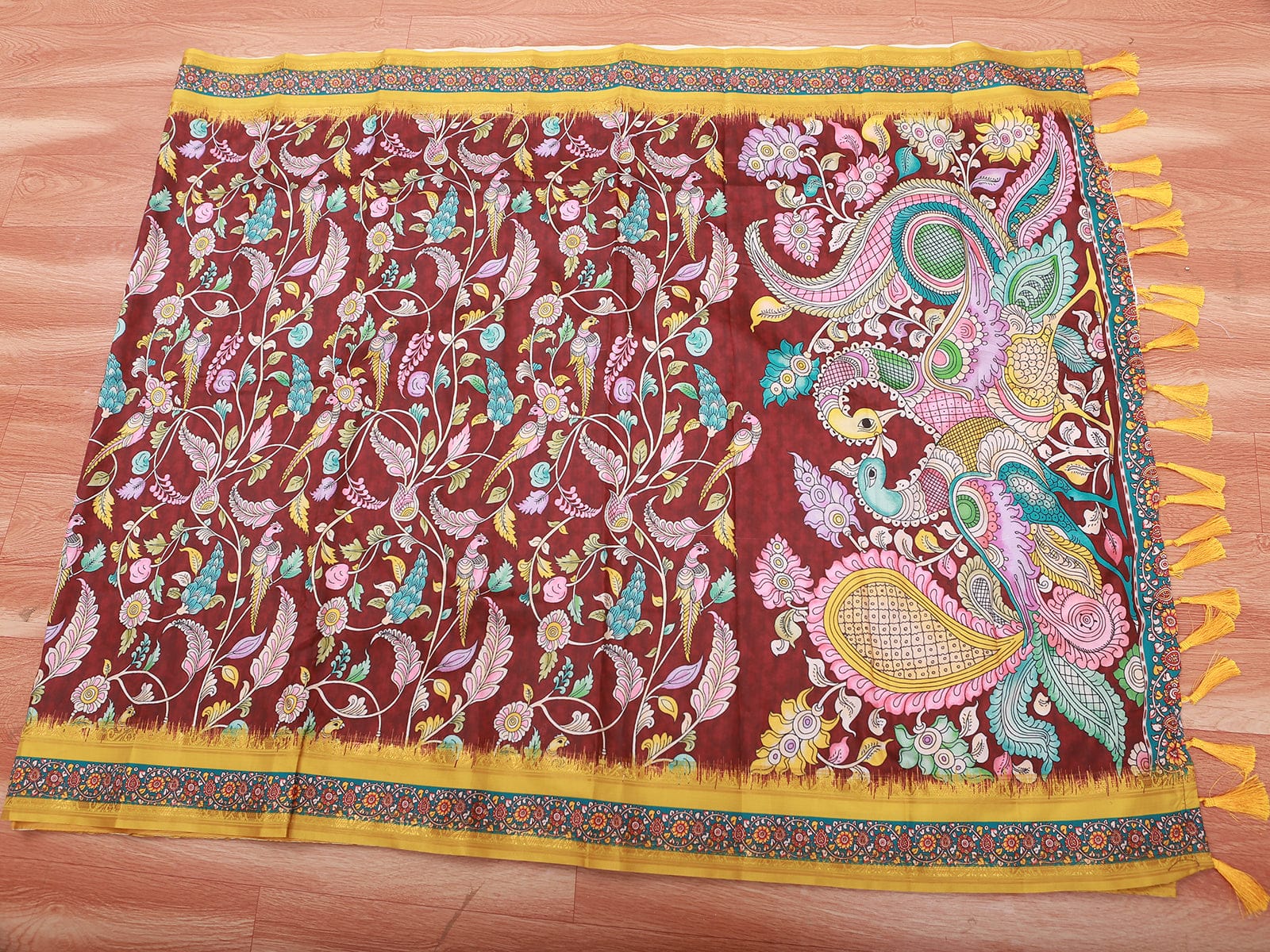 Kalamkari Design Saree With Blouse, Brown Color Saree with Floral designs SAREE JCS Fashions