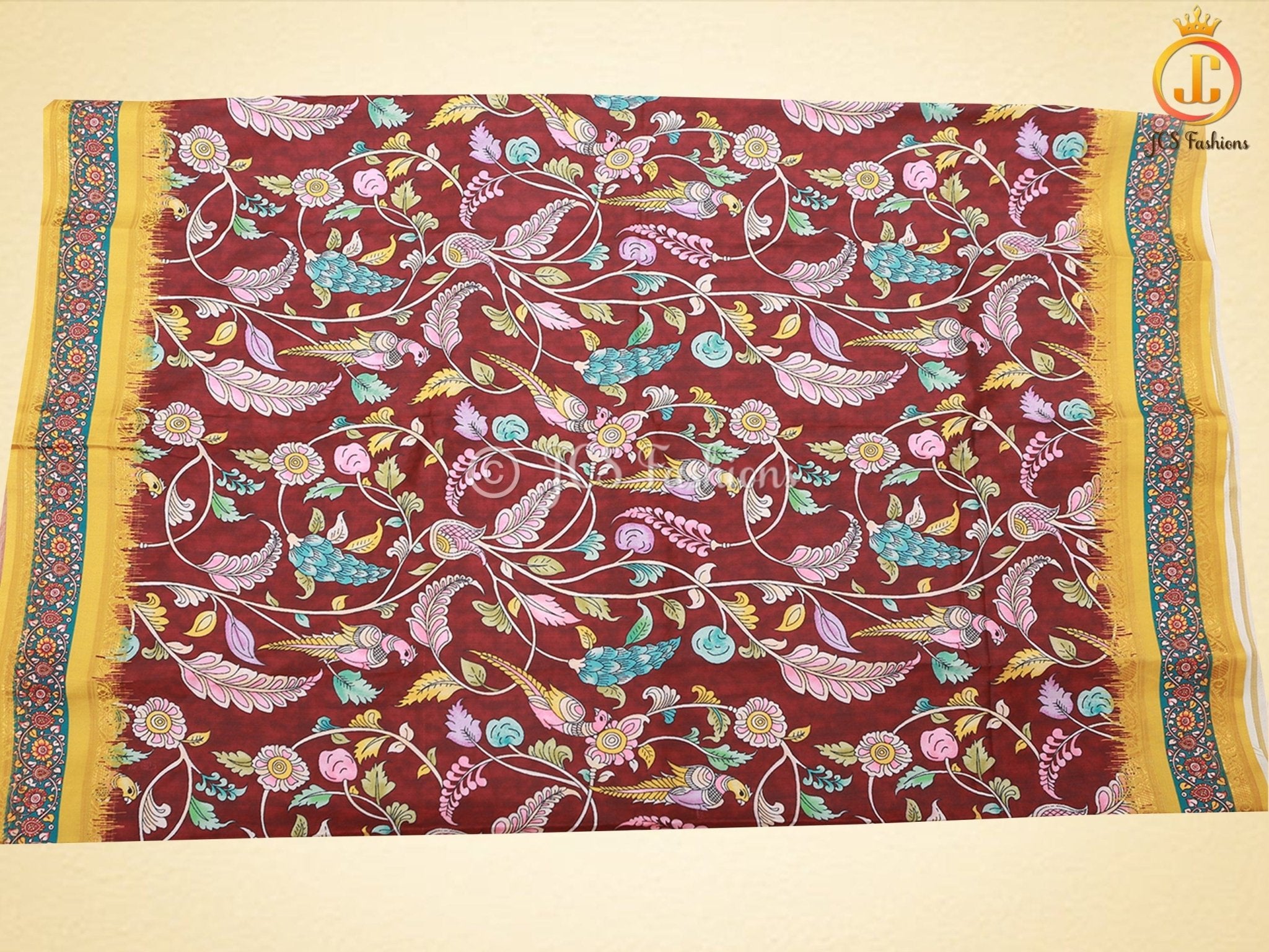 Kalamkari Design Saree With Blouse, Brown Color Saree with Floral designs SAREE JCS Fashions