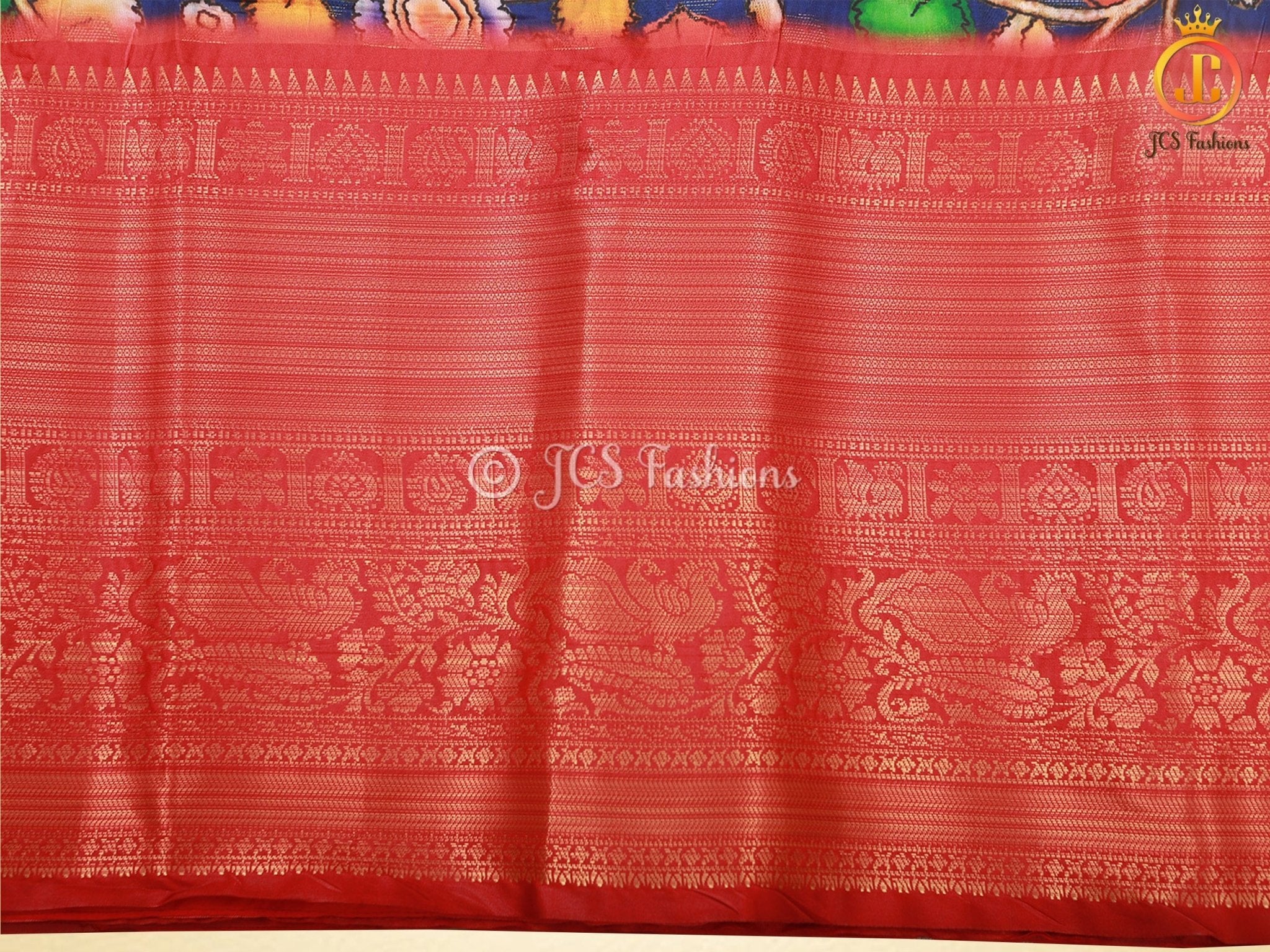 Kalamkari Saree With Kanchipuram Zari Border - Blue SAREE JCS Fashions